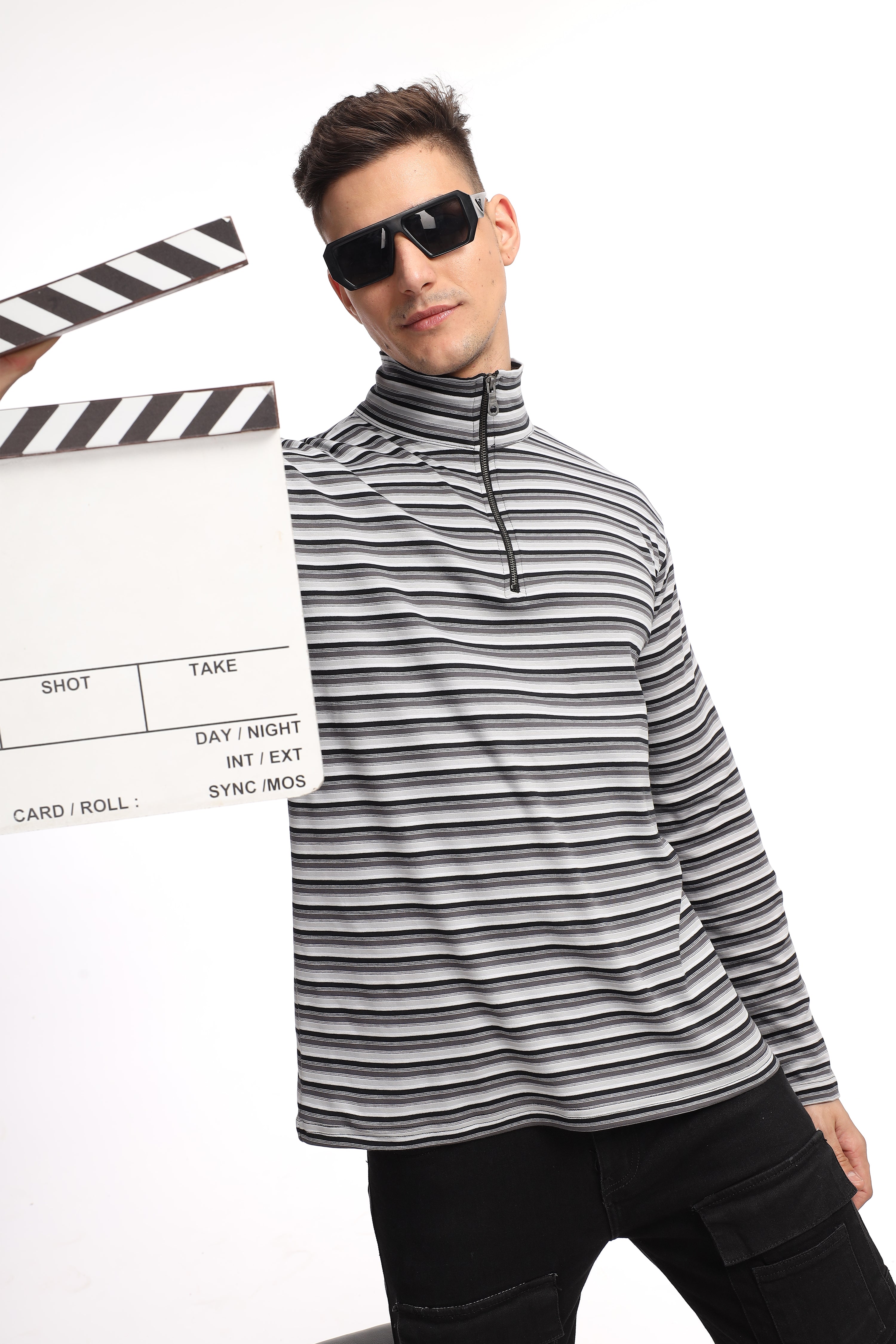 Black Self Design Stripes Zipper T-Shirt