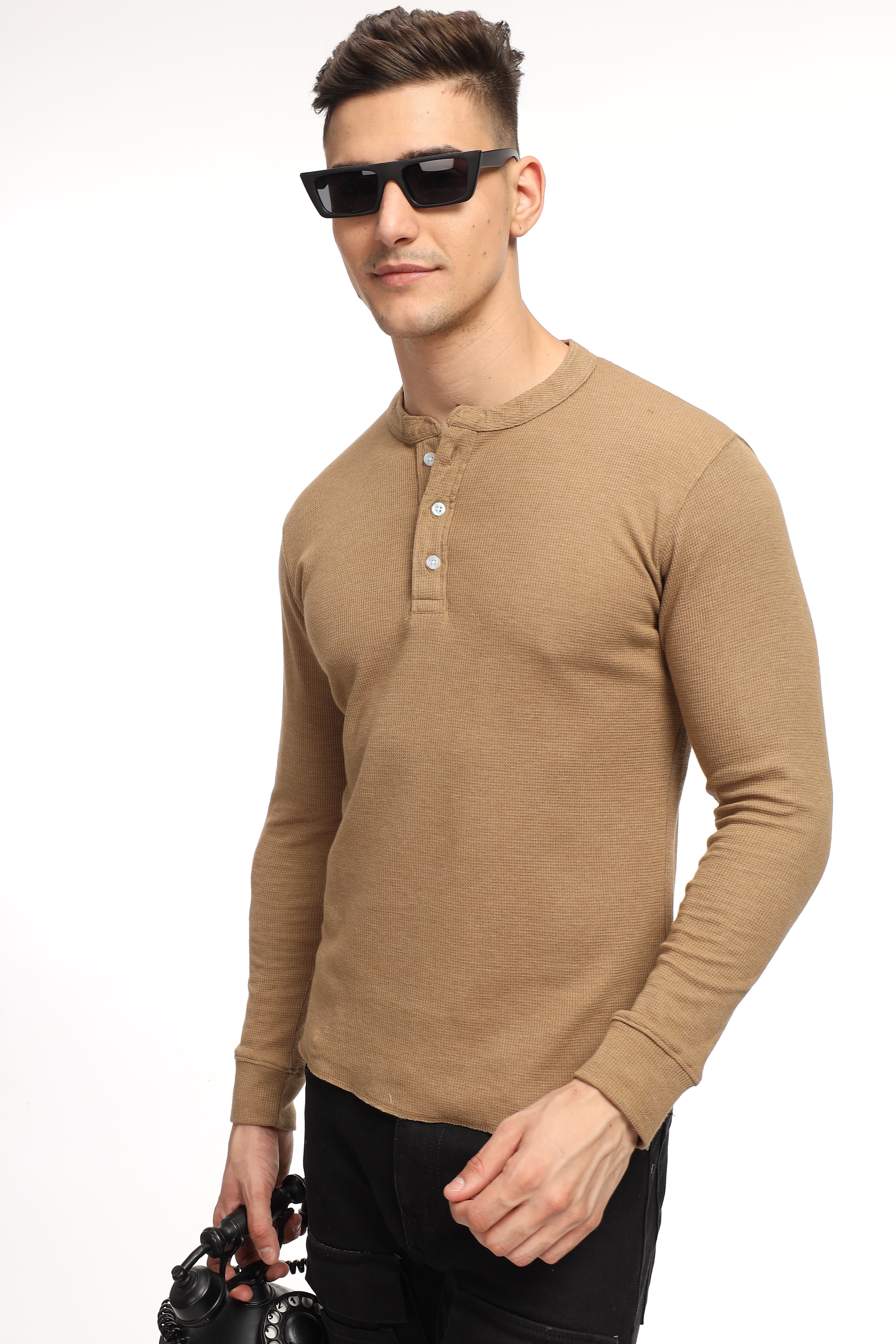 Brown Self Design Waffle Knit Henley T-Shirt