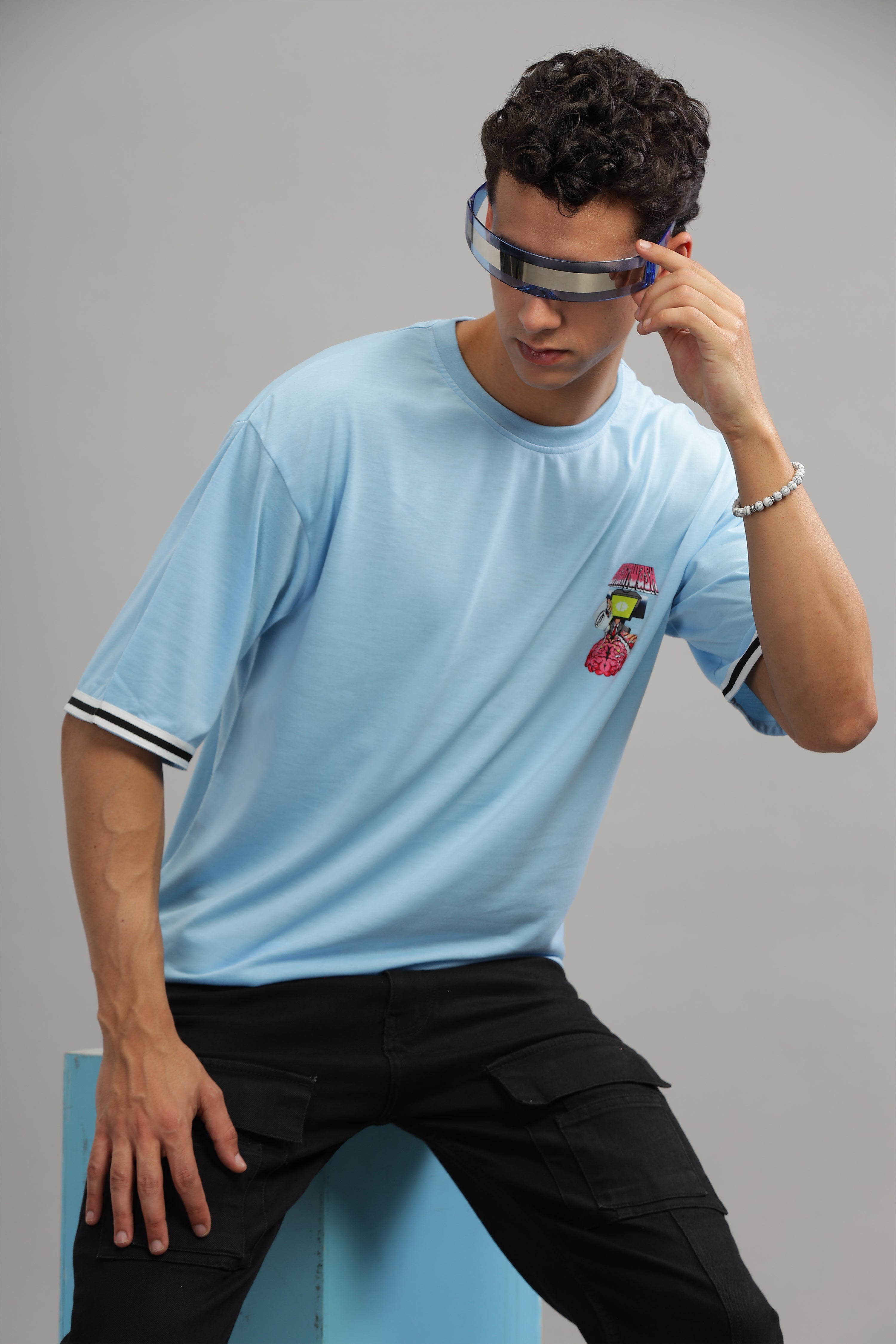 Sky Blue Oversized "Brain Wash Print" Tapping T-Shirt