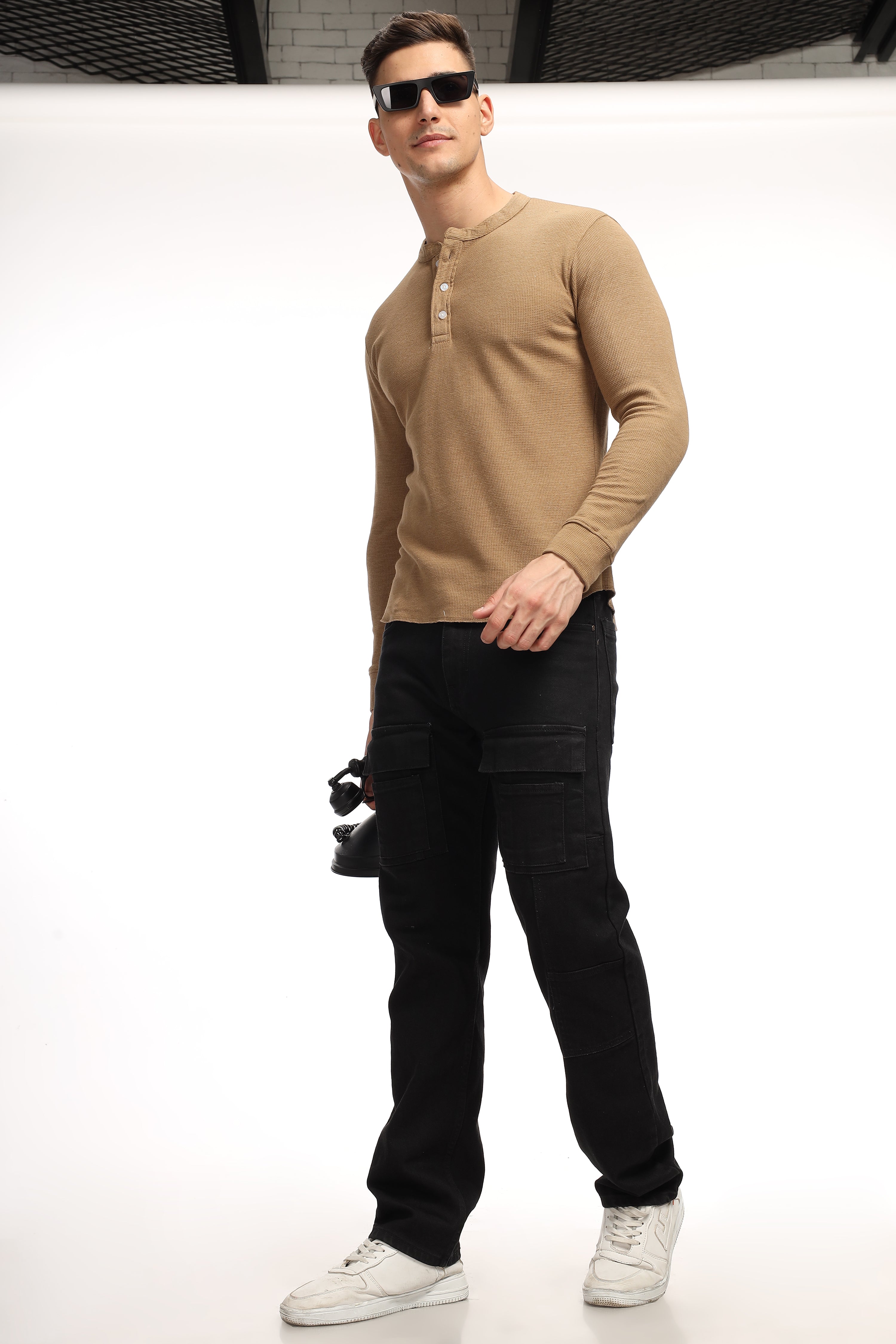 Brown Self Design Waffle Knit Henley T-Shirt