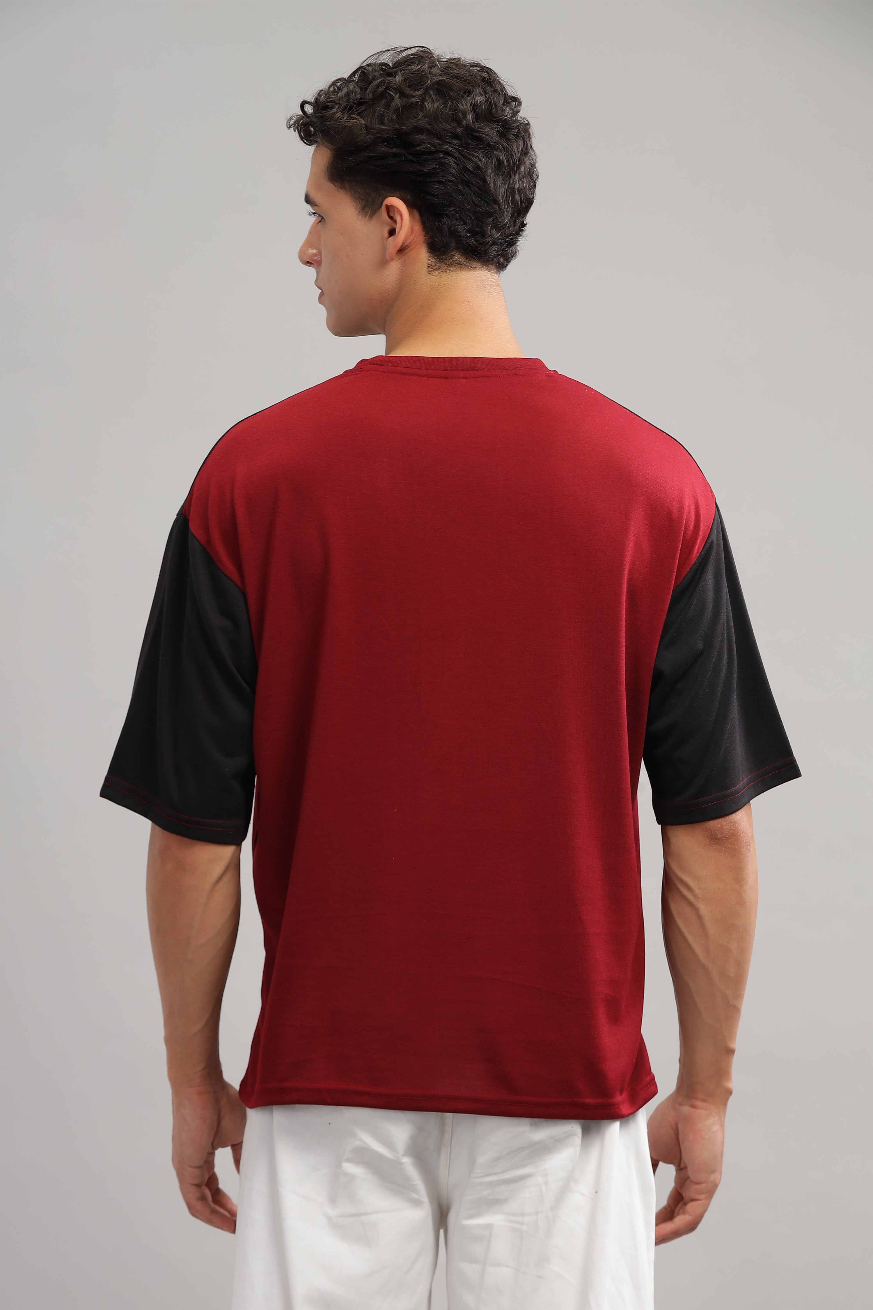 Black Maroon Oversized Color Block T-Shirt