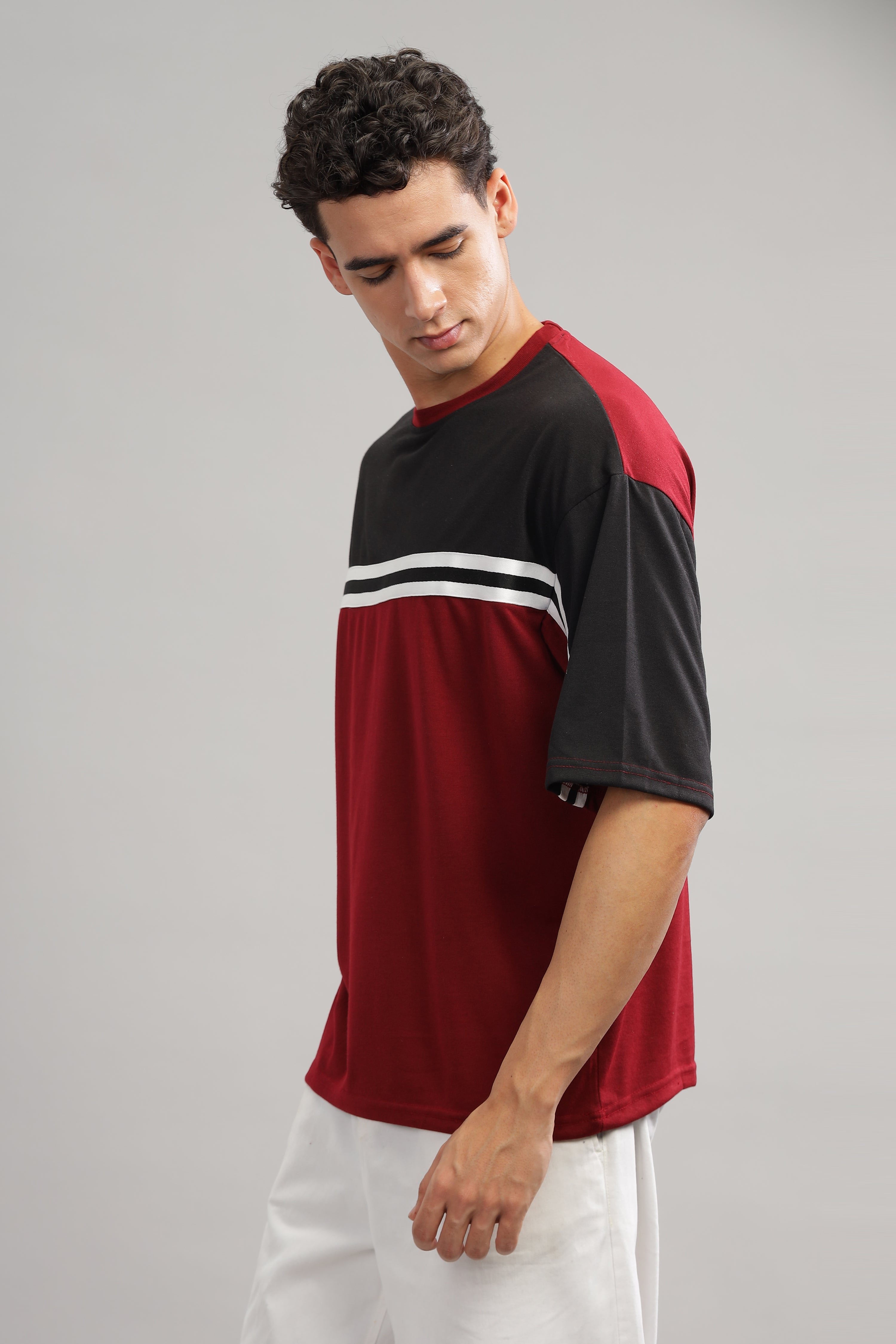 Black Maroon Oversized Color Block T-Shirt