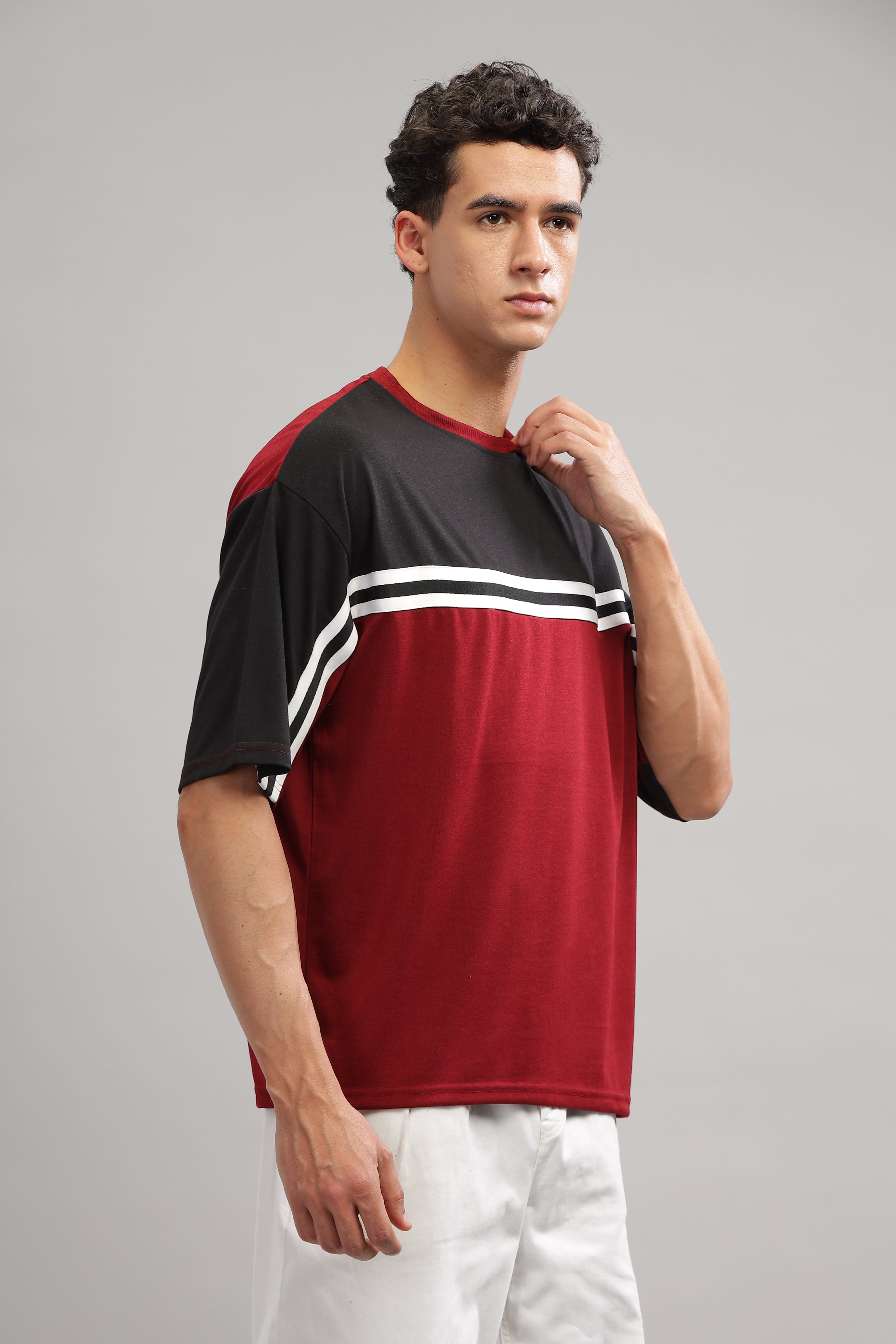 Black Maroon Oversized Color Block T-Shirt