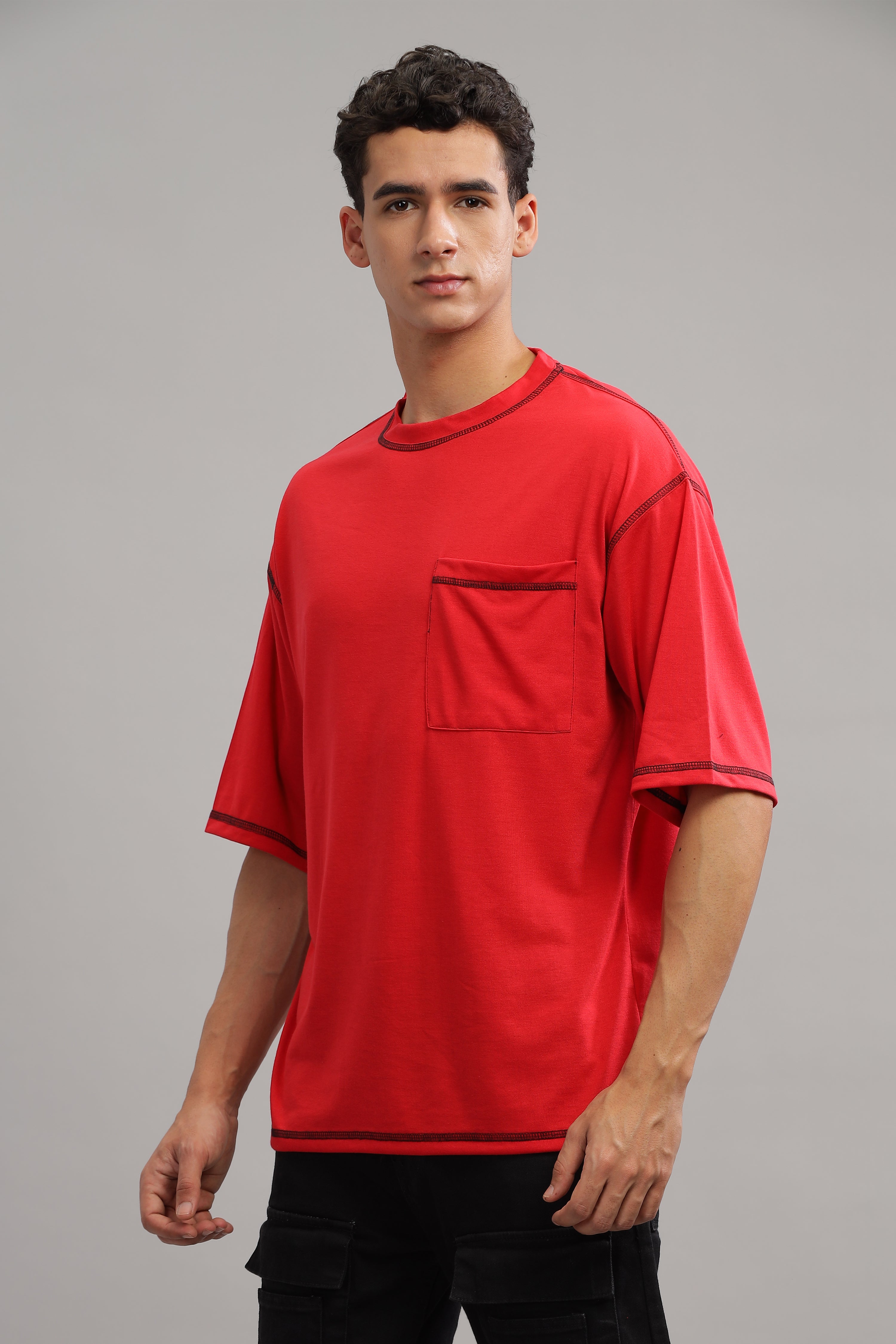 Red Oversized Flap Pocket T-Shirt