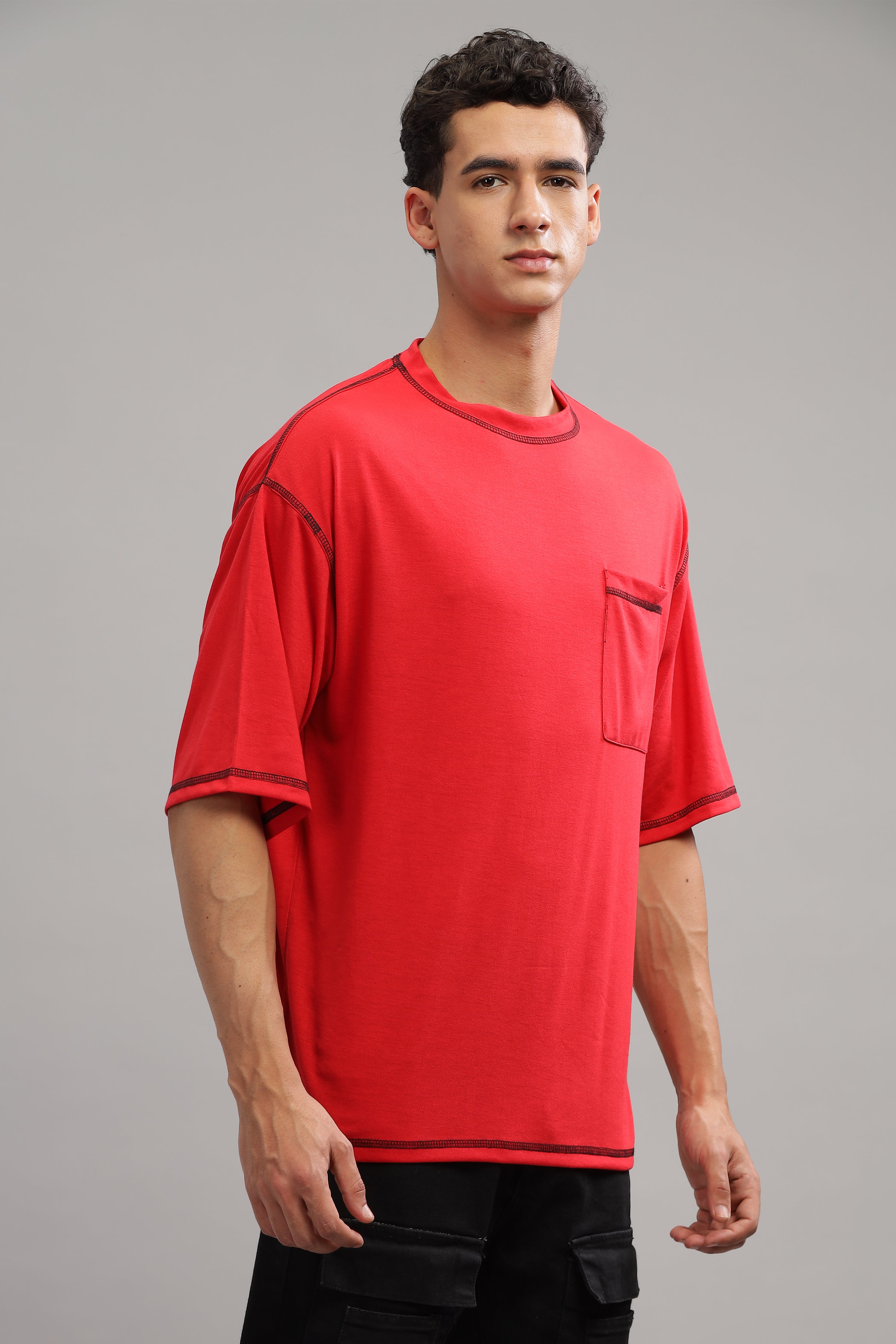 Red Oversized Flap Pocket T-Shirt