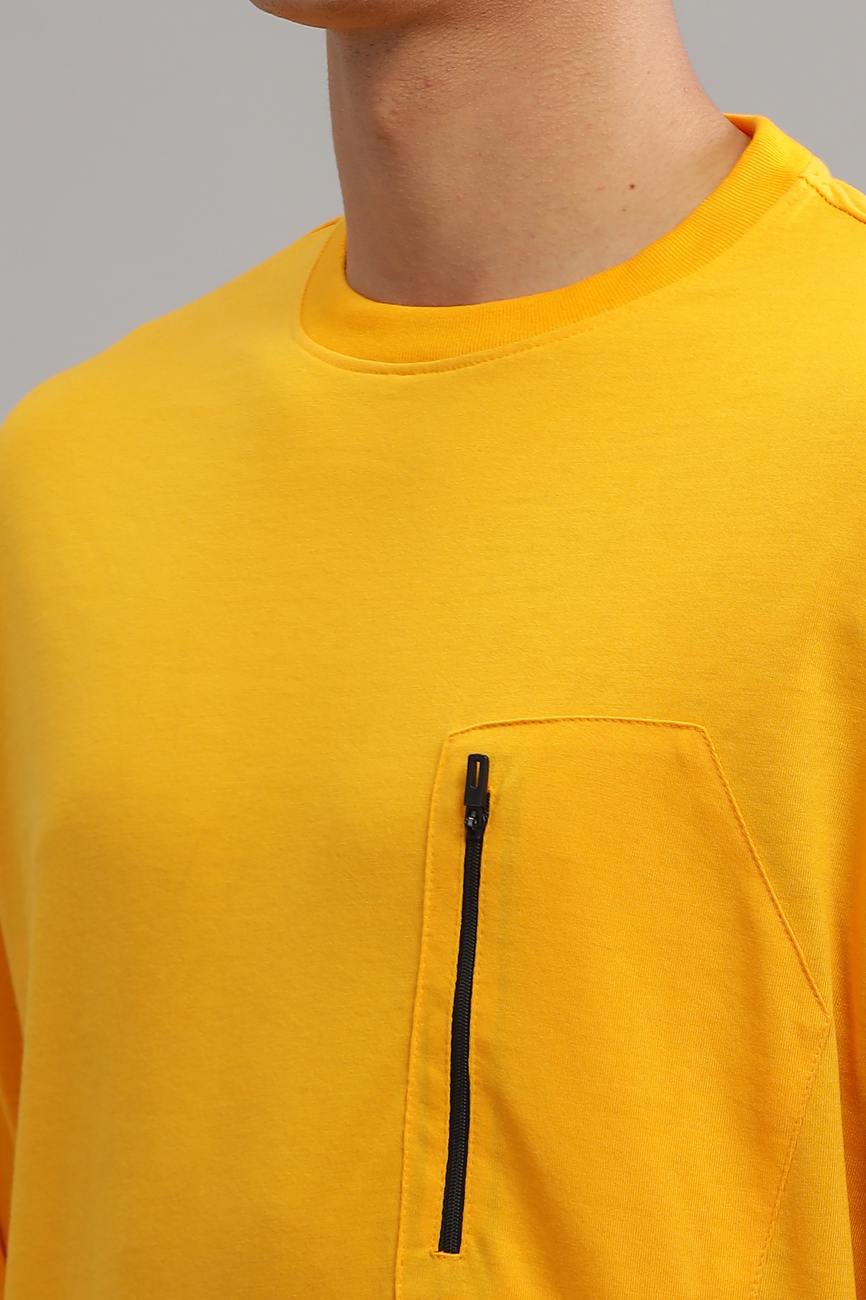 Mustard Oversized Solid Zipper Pocket T-Shirt