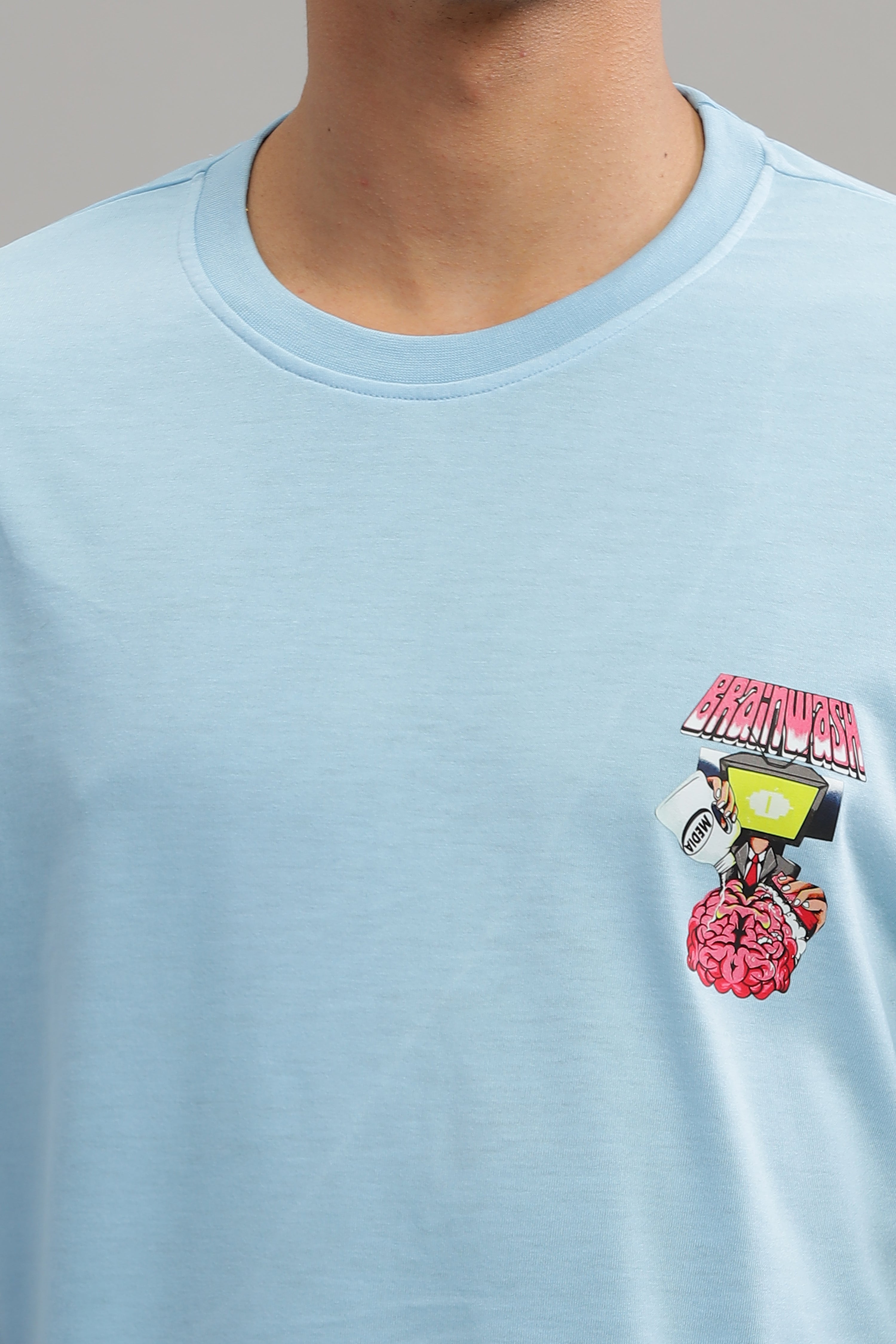 Sky Blue Oversized "Brain Wash Print" Tapping T-Shirt