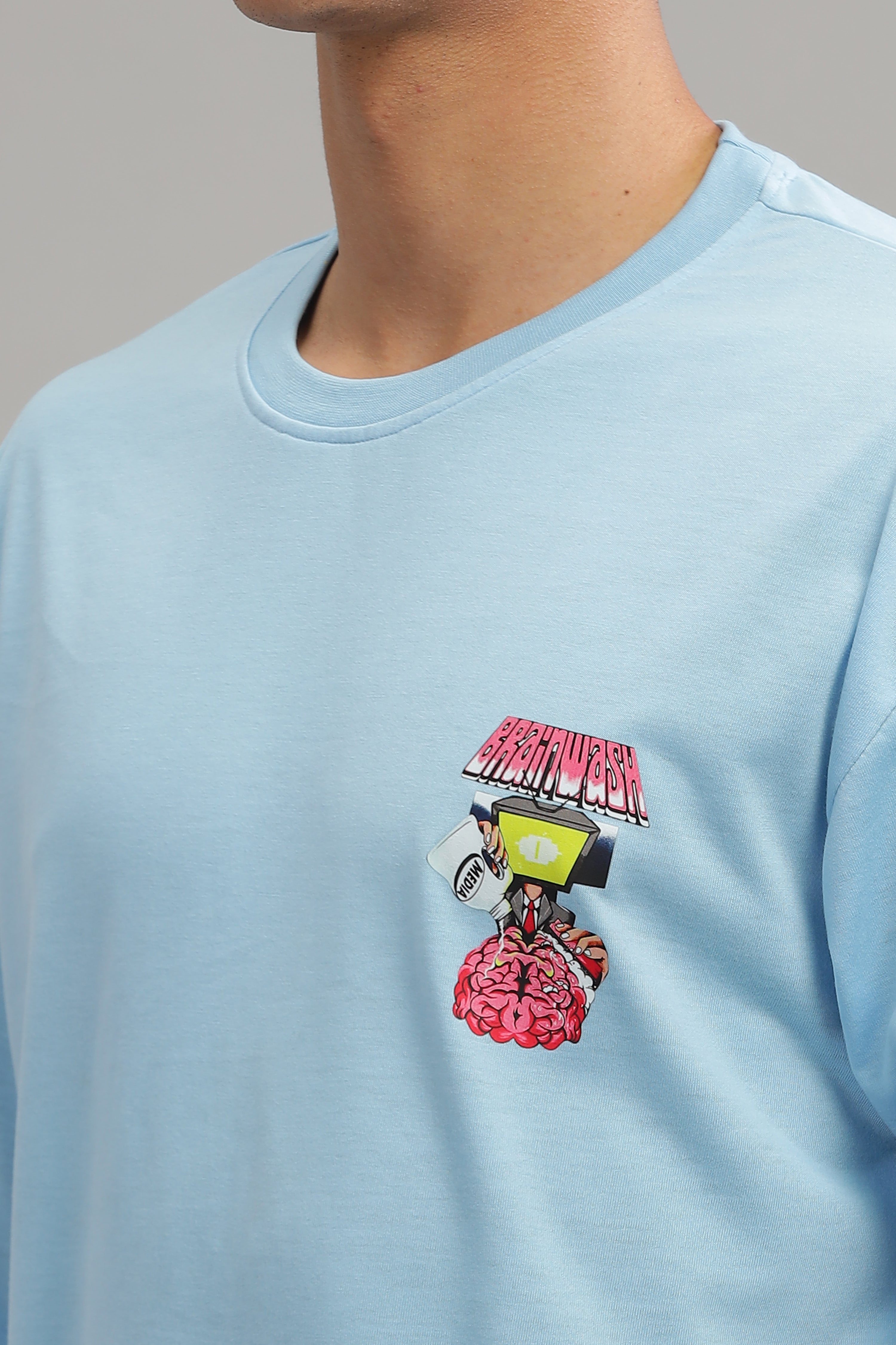 Sky Blue Oversized "Brain Wash Print" Tapping T-Shirt