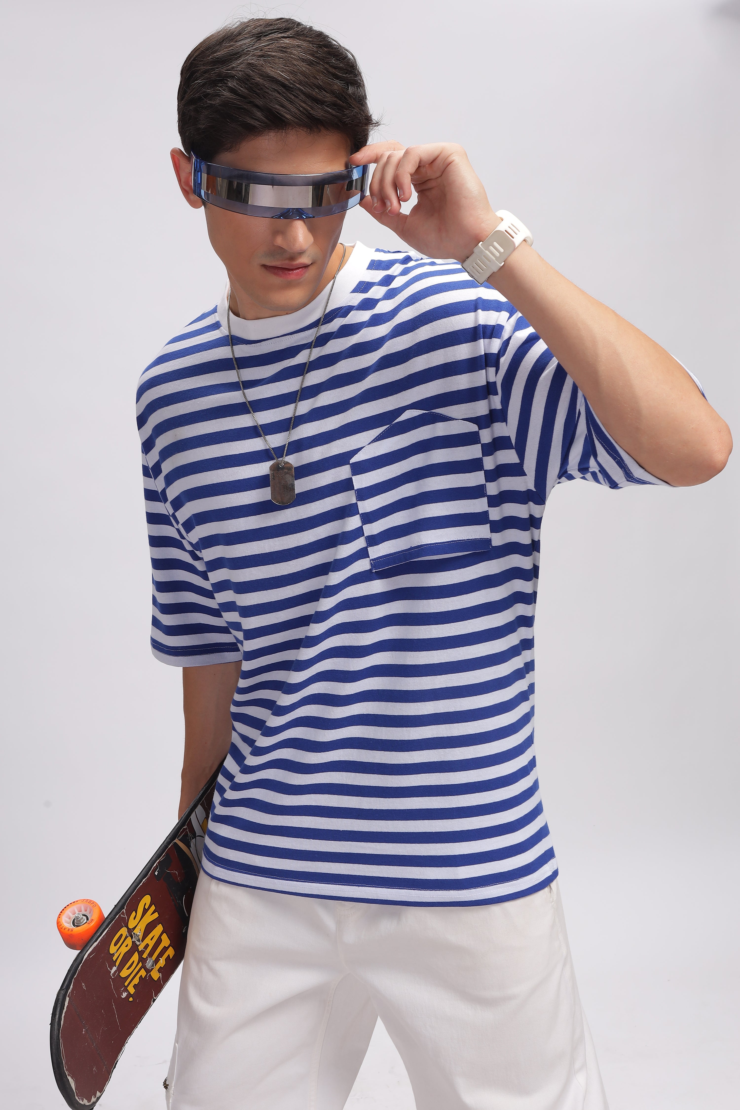 White Blue Oversized Striped Pocket T-Shirt