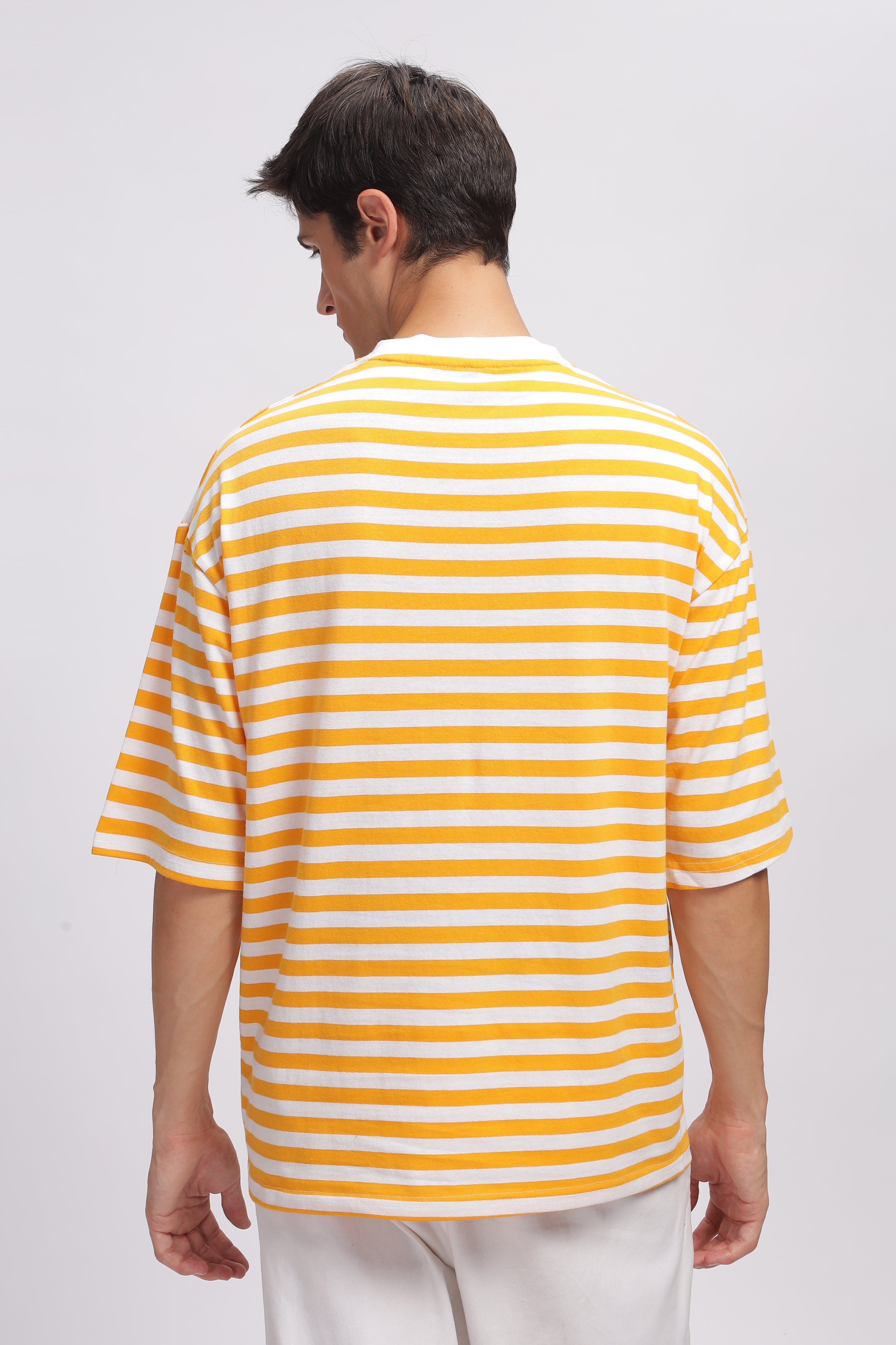 White Yellow Oversized Striped Pocket T-Shirt