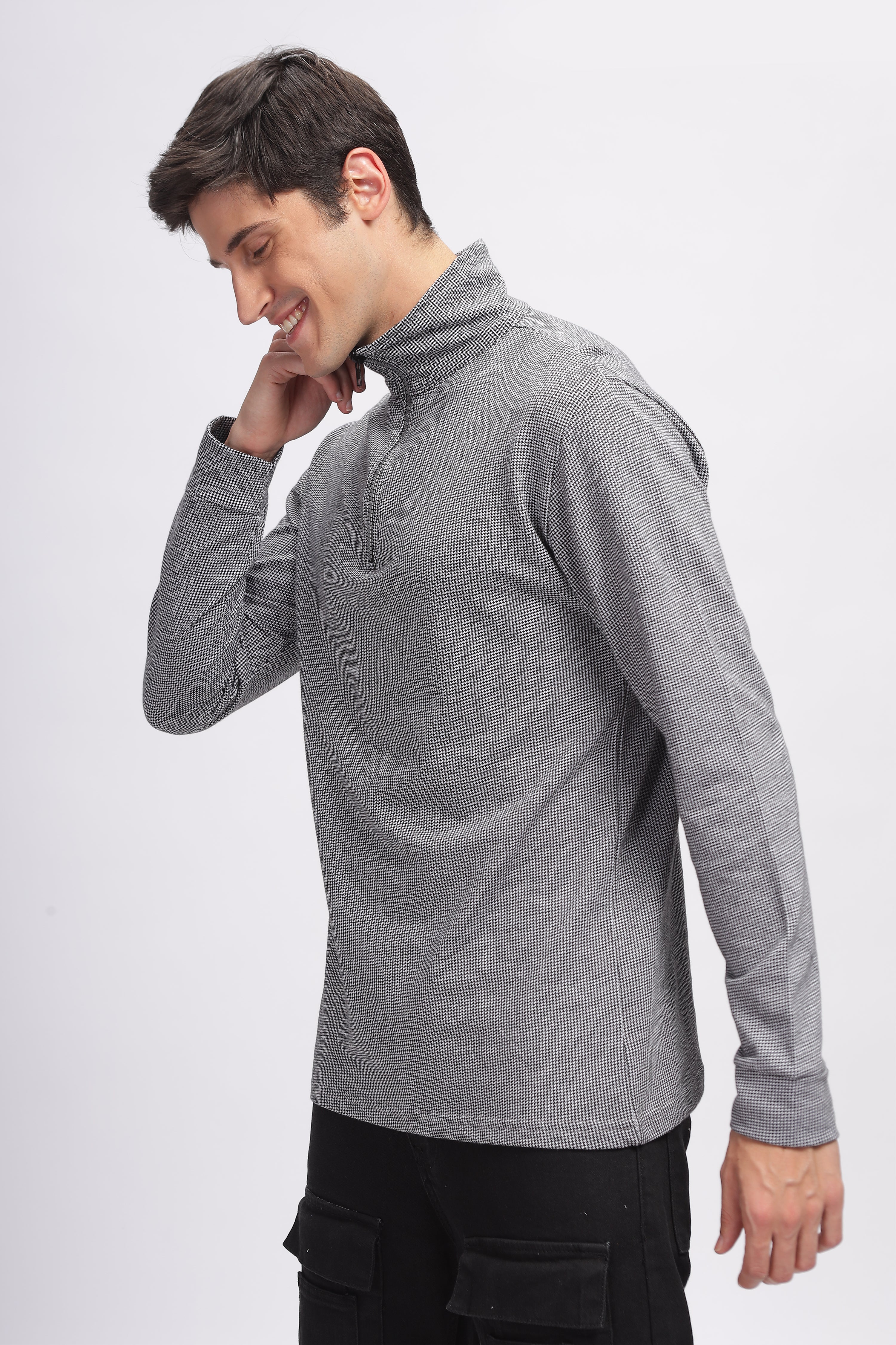 Grey Self Design Zipper T-Shirt