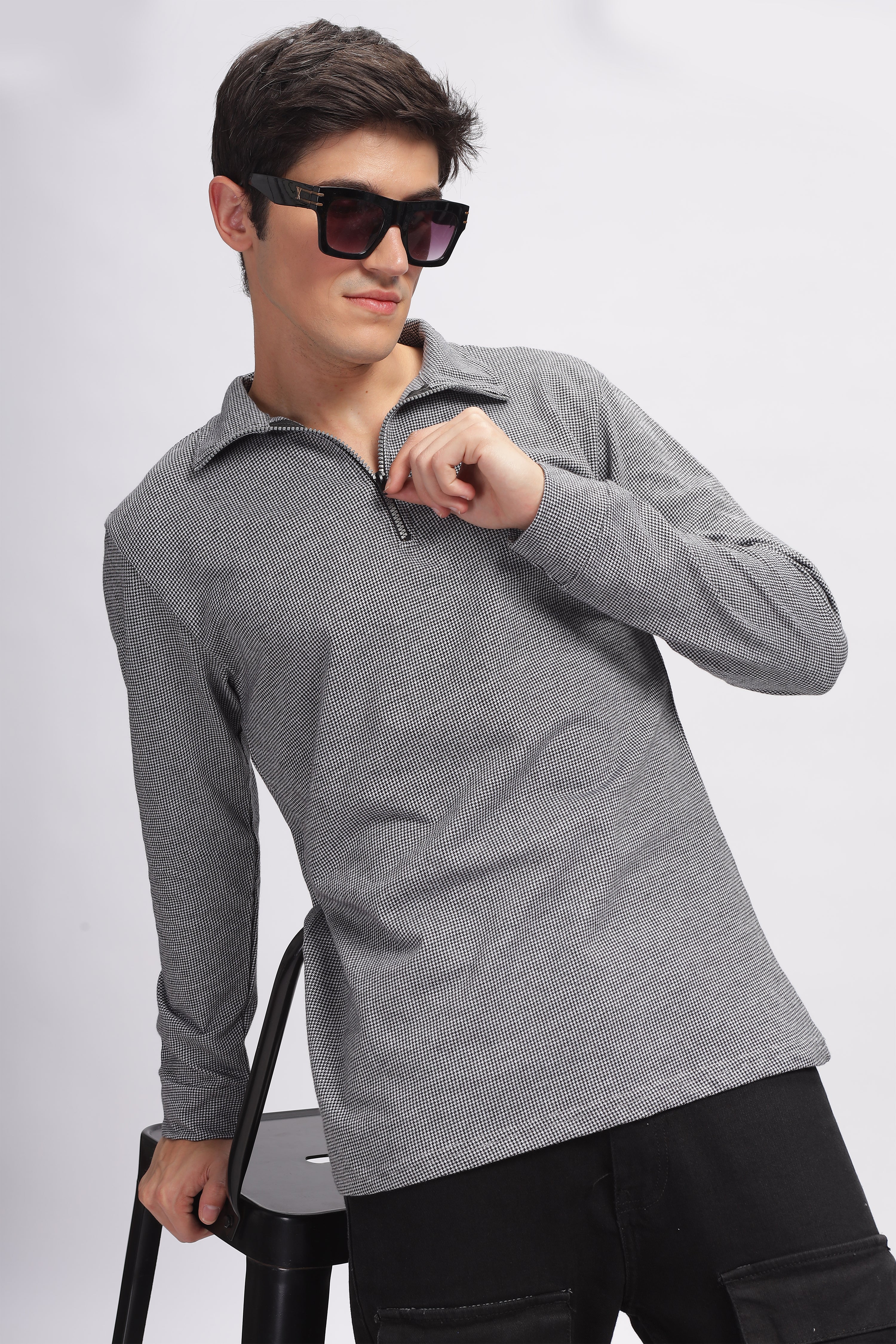 Grey Self Design Zipper T-Shirt