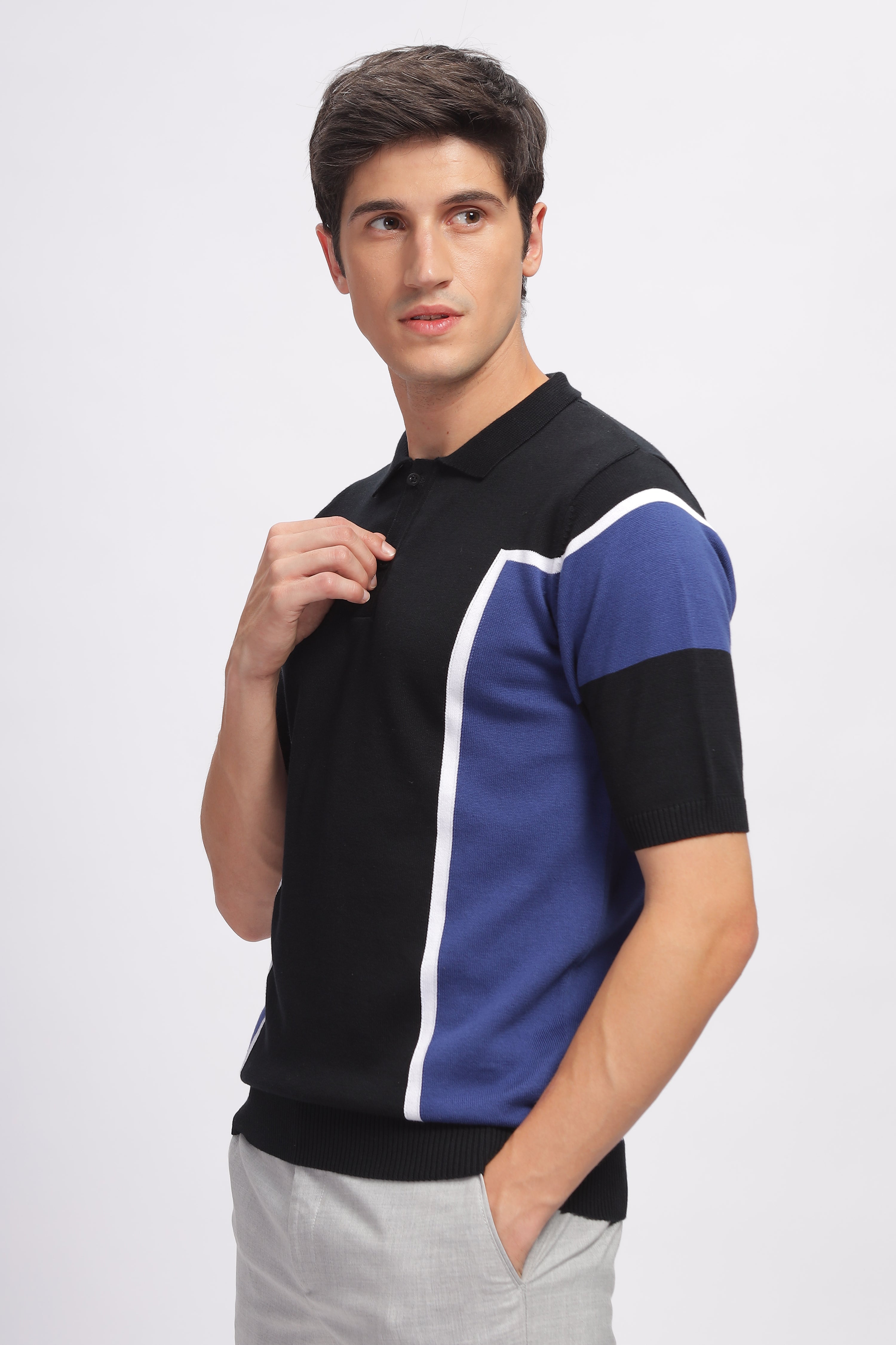 Blue Black Premium Cotton Flat Knit Polo T-Shirt