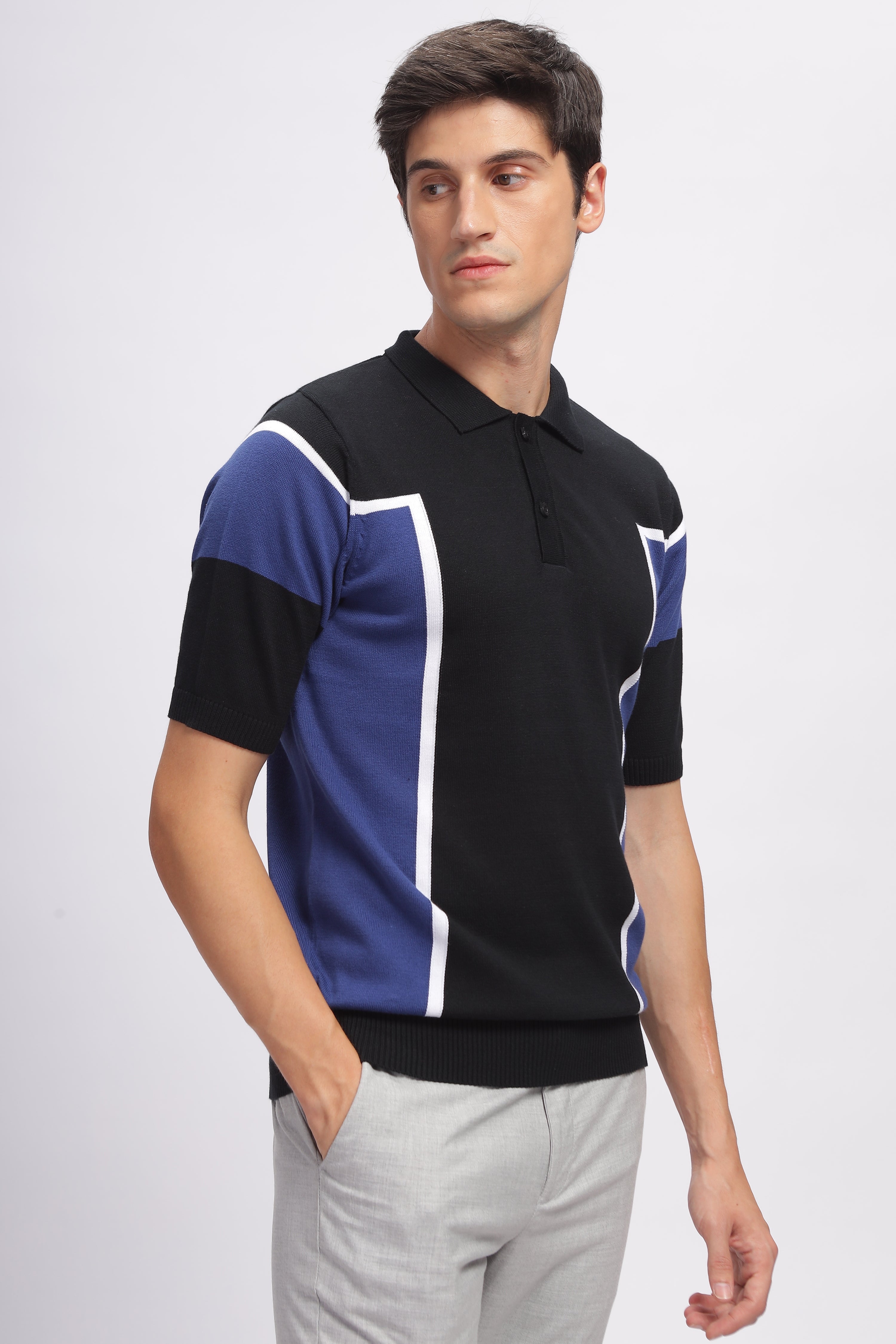 Blue Black Premium Cotton Flat Knit Polo T-Shirt