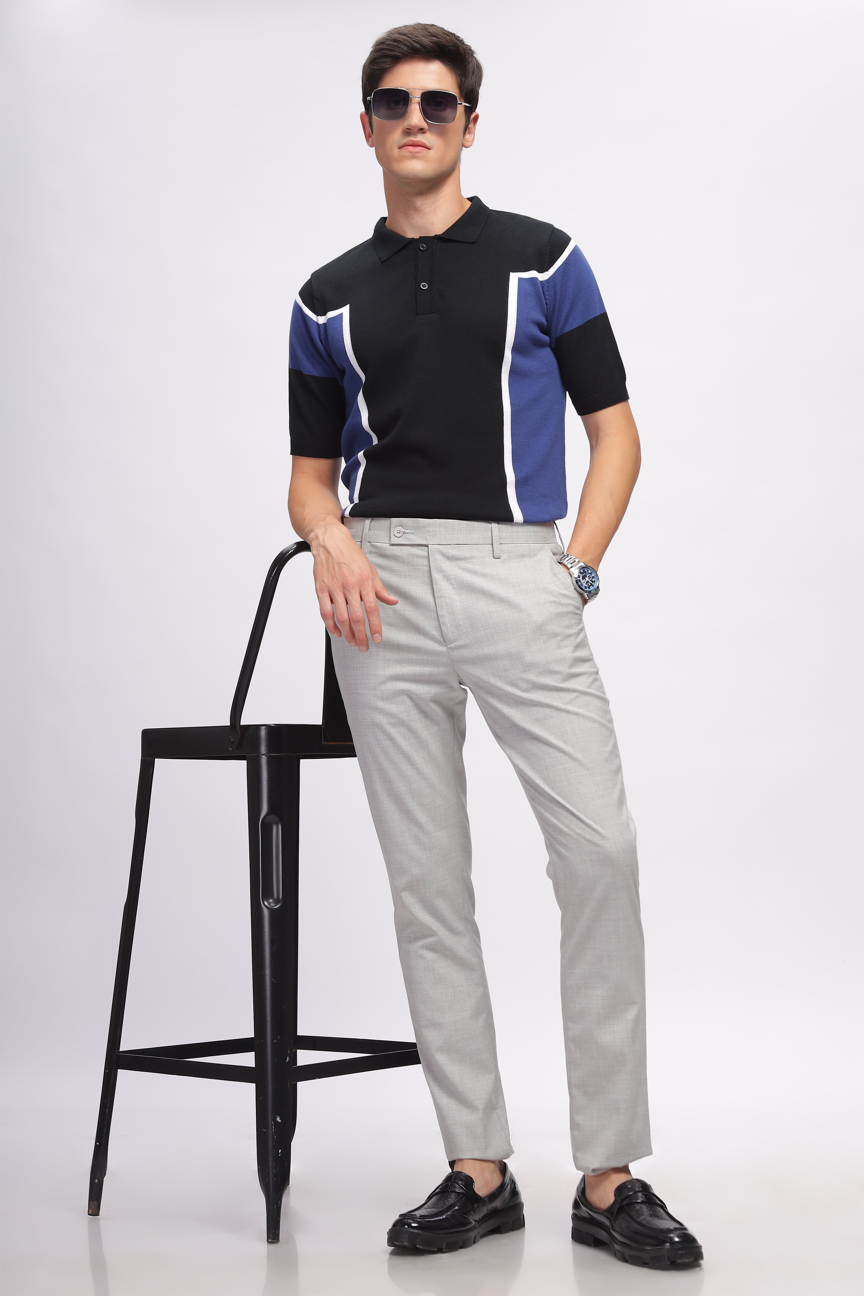 Blue Black Premium Cotton Flat Knit Polo T-Shirt