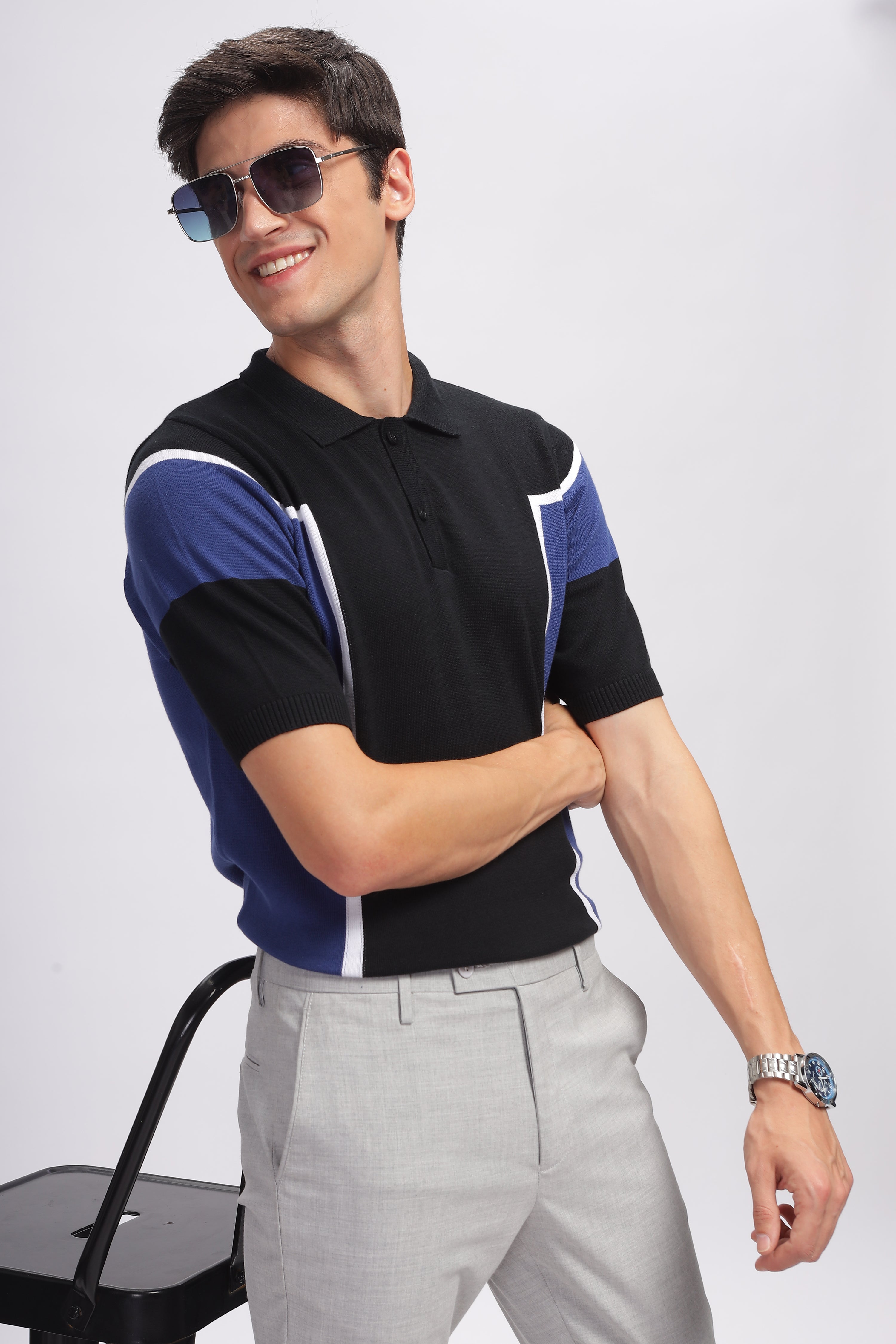 Blue Black Premium Cotton Flat Knit Polo T-Shirt