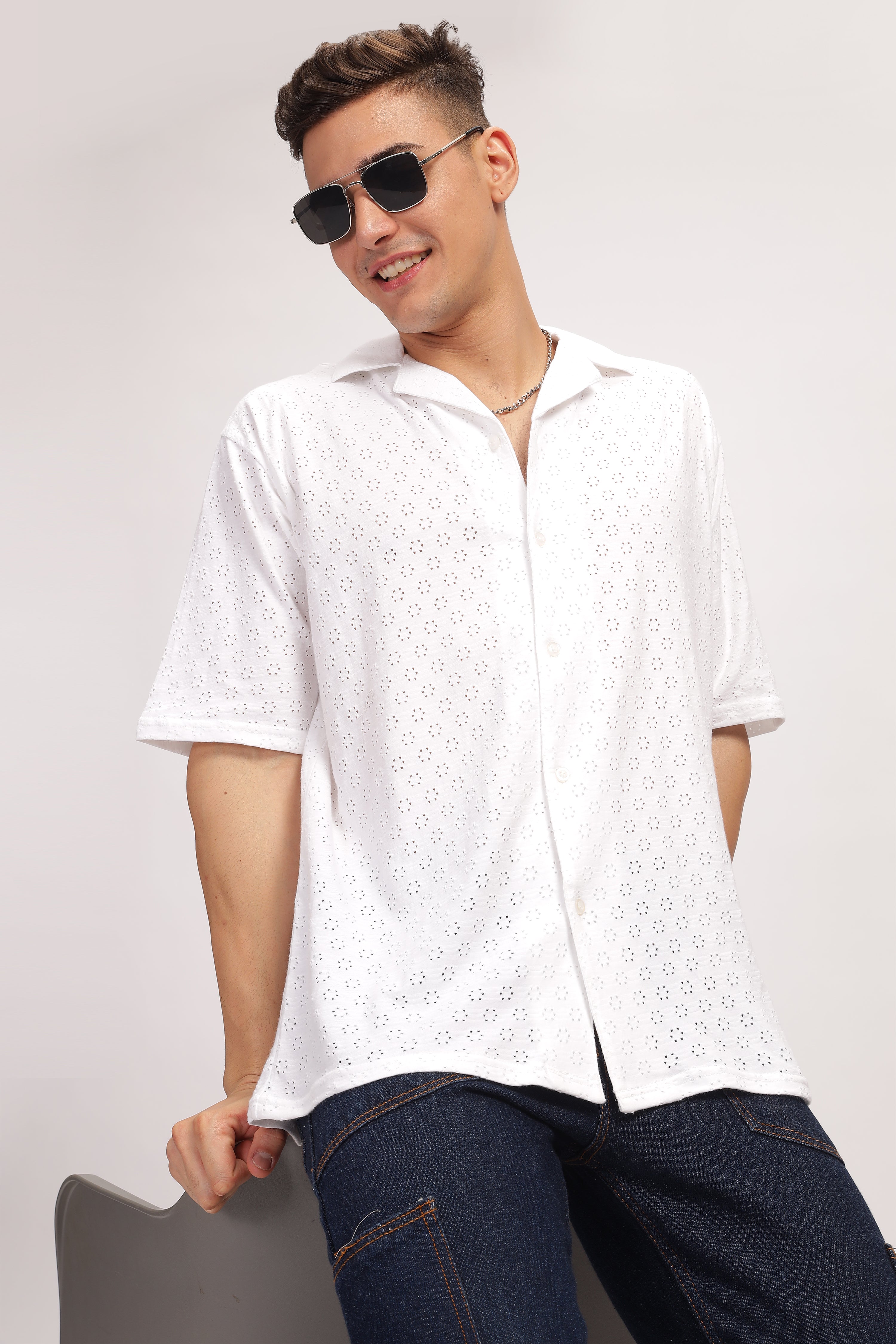 White Oversized Self Design Shirt