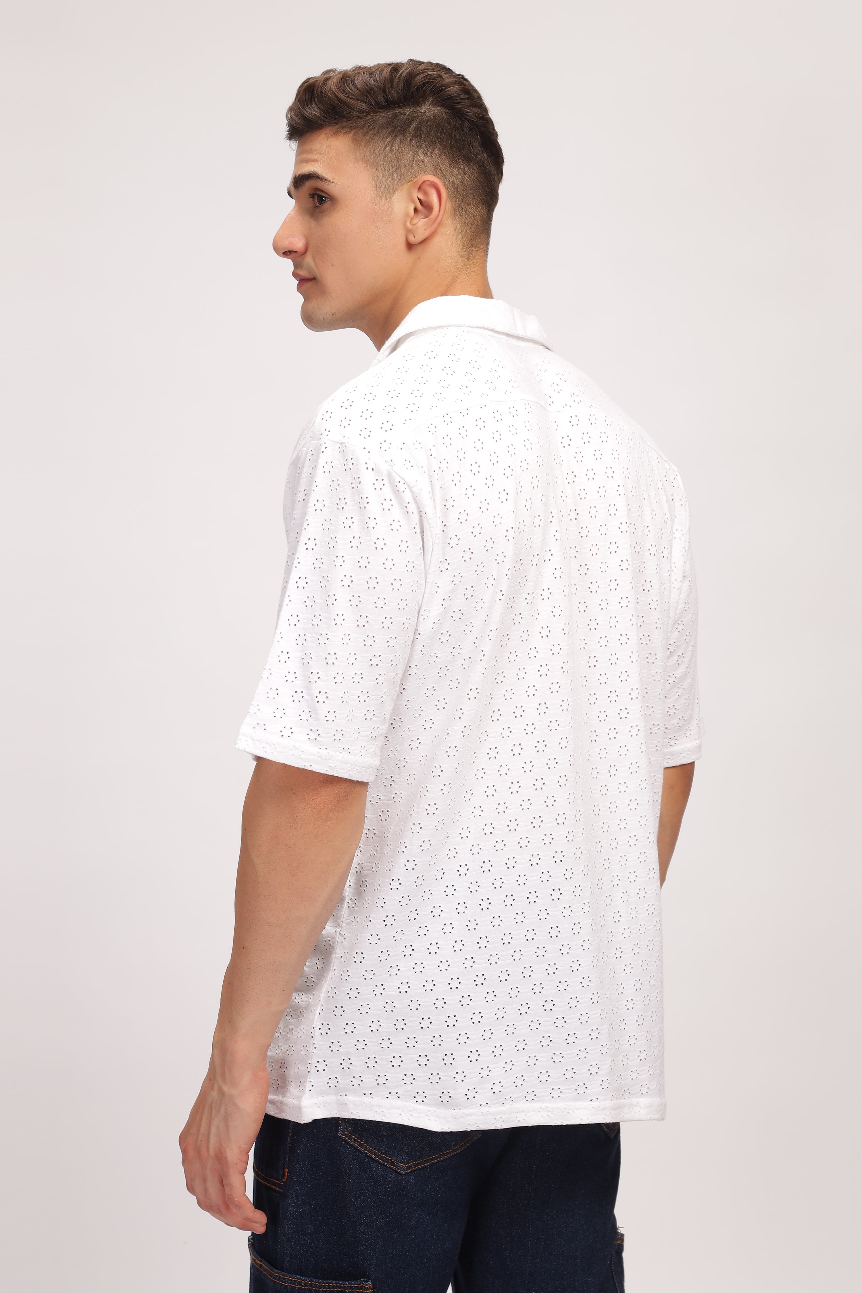 White Oversized Self Design Shirt