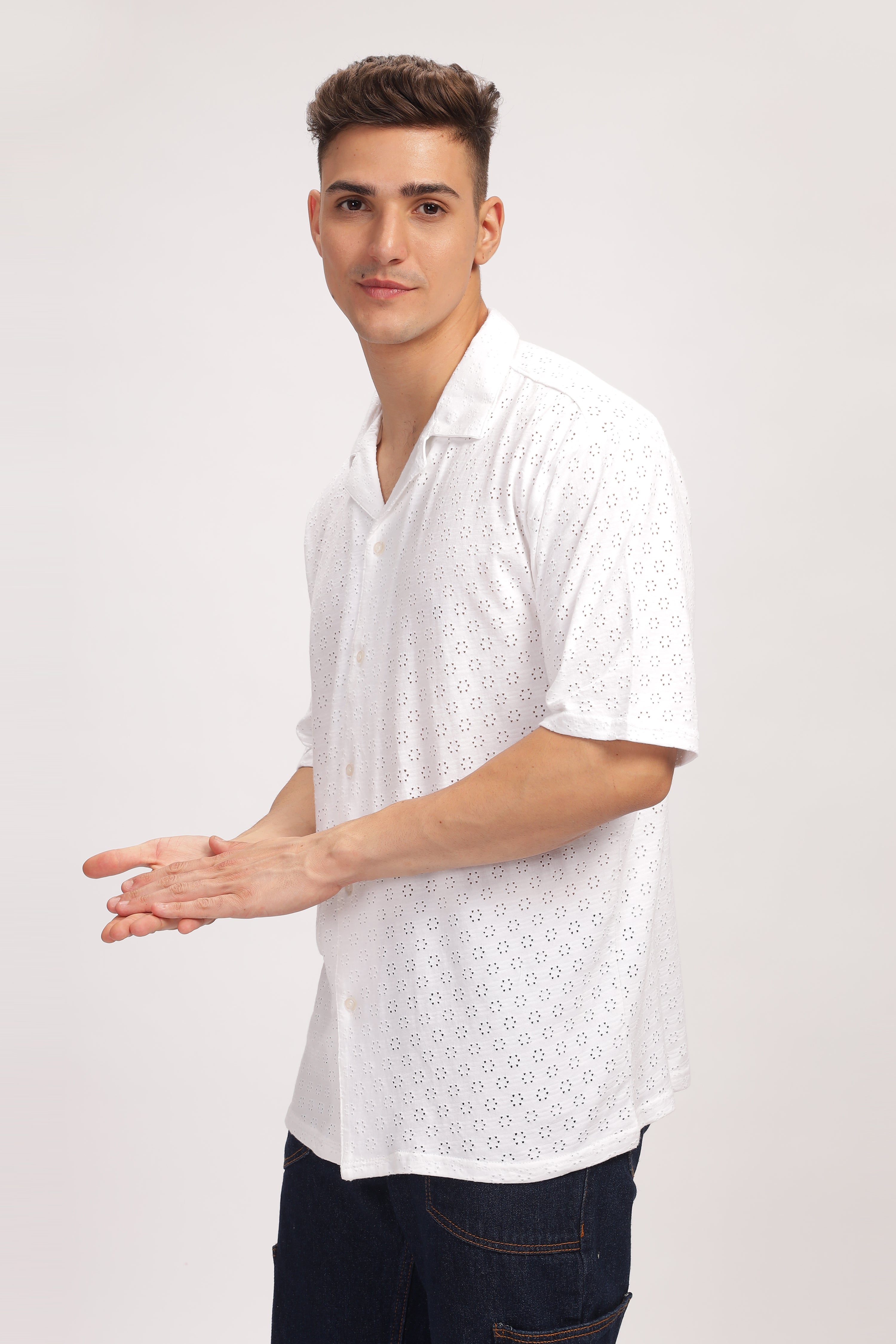 White Oversized Self Design Shirt