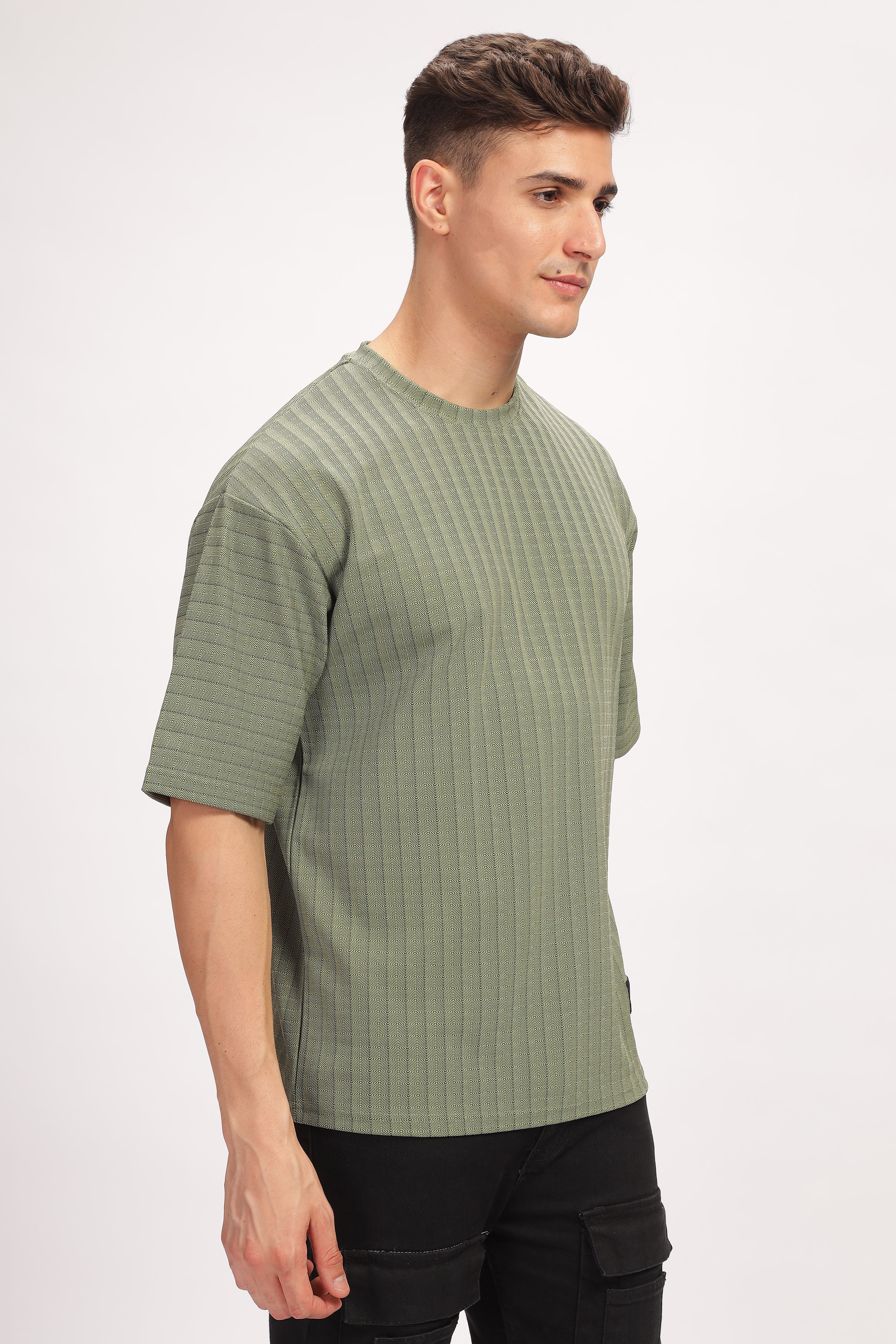 Green Oversized Self Design T-Shirt