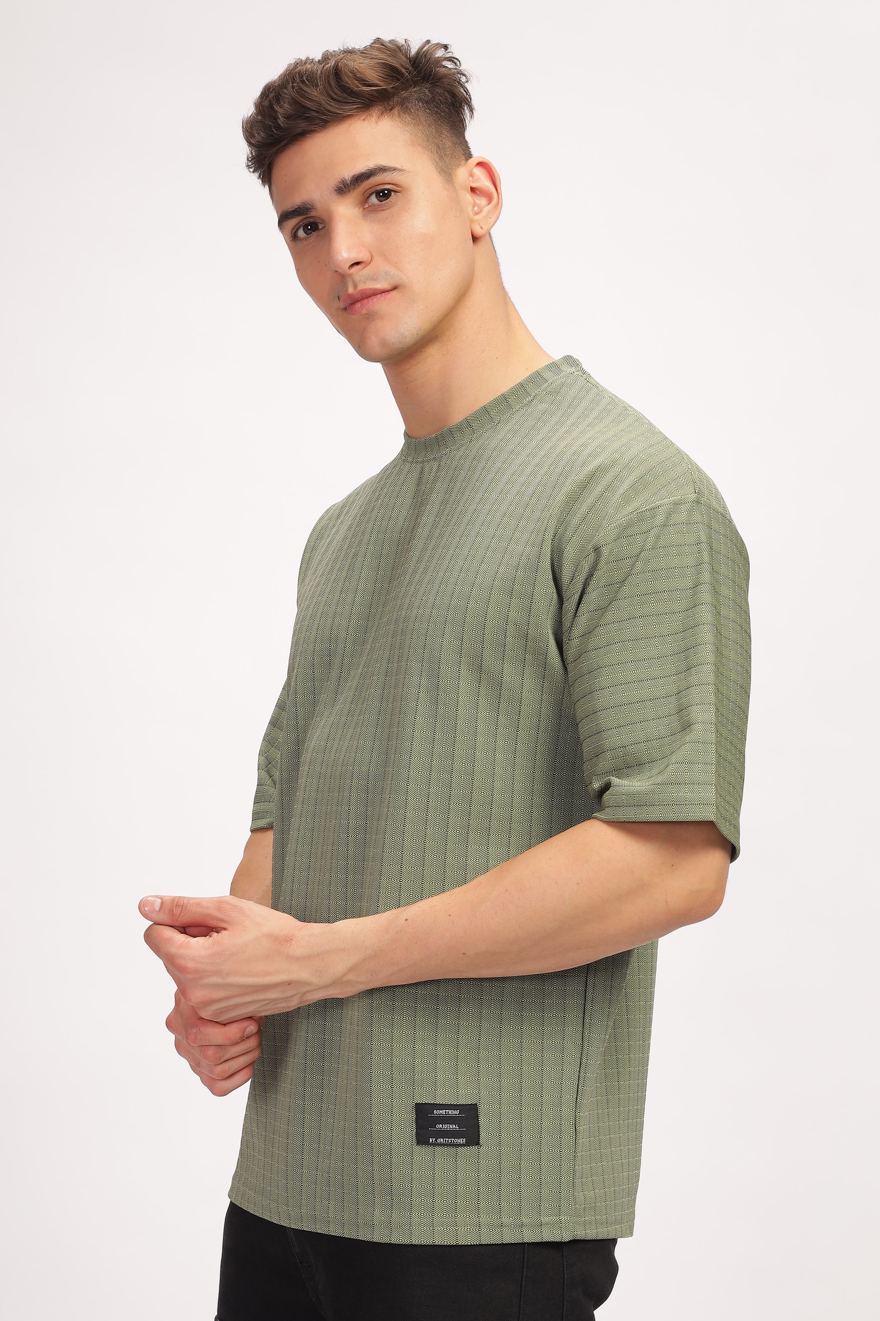 Green Oversized Self Design T-Shirt