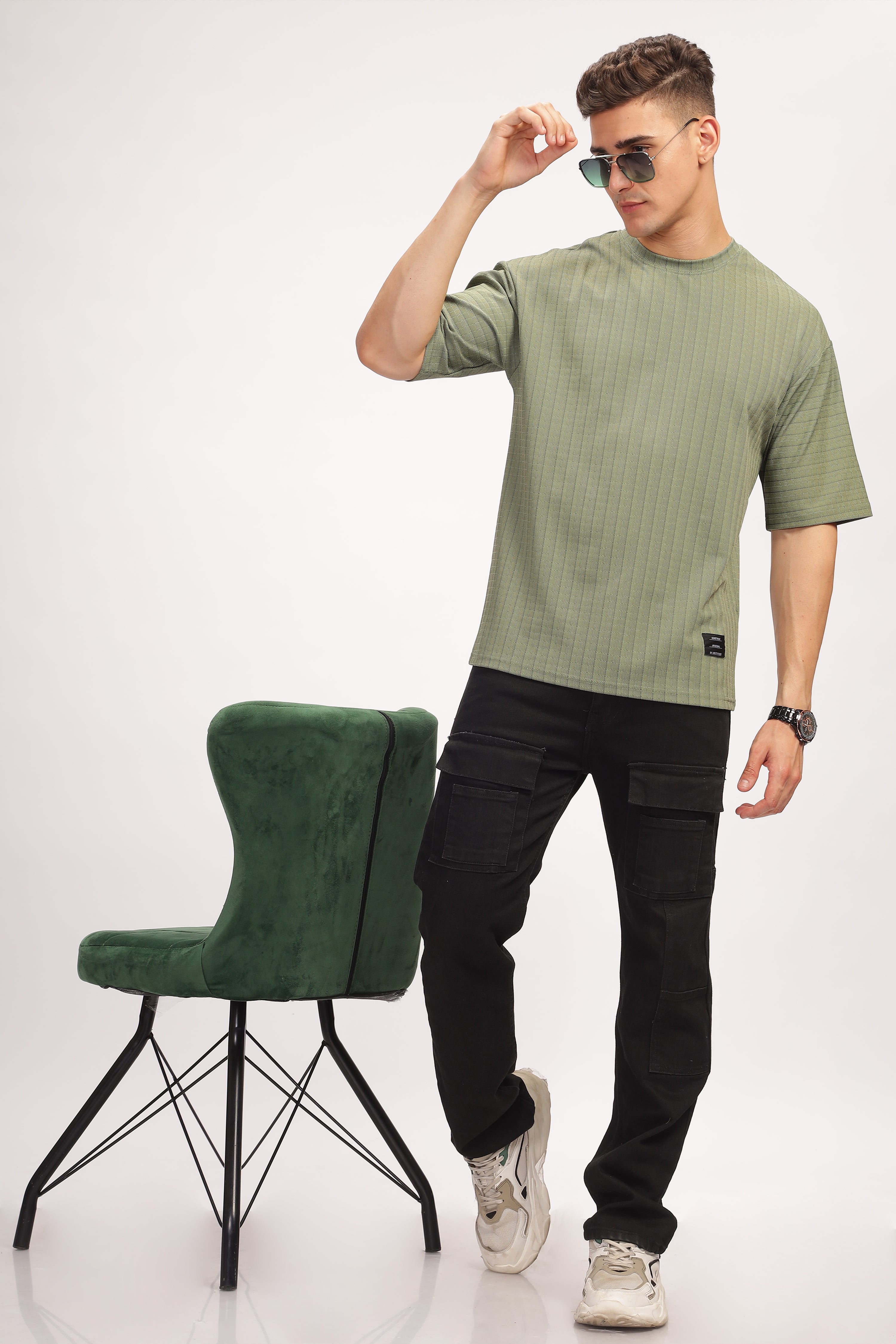 Green Oversized Self Design T-Shirt