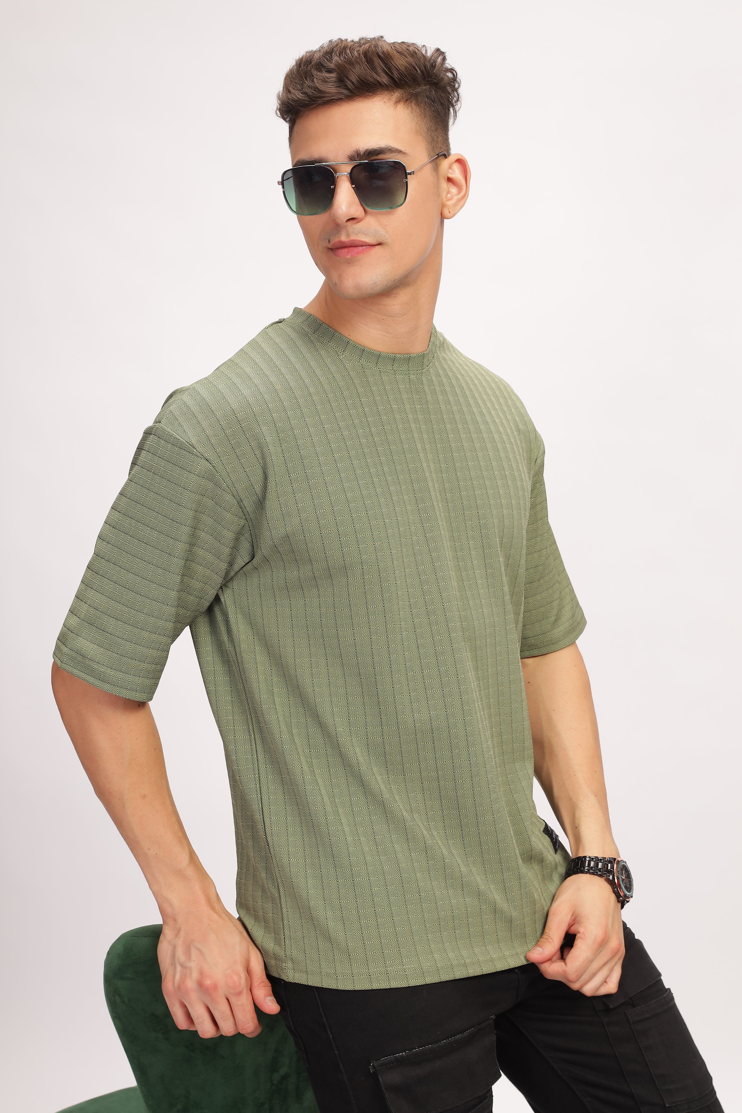 Green Oversized Self Design T-Shirt