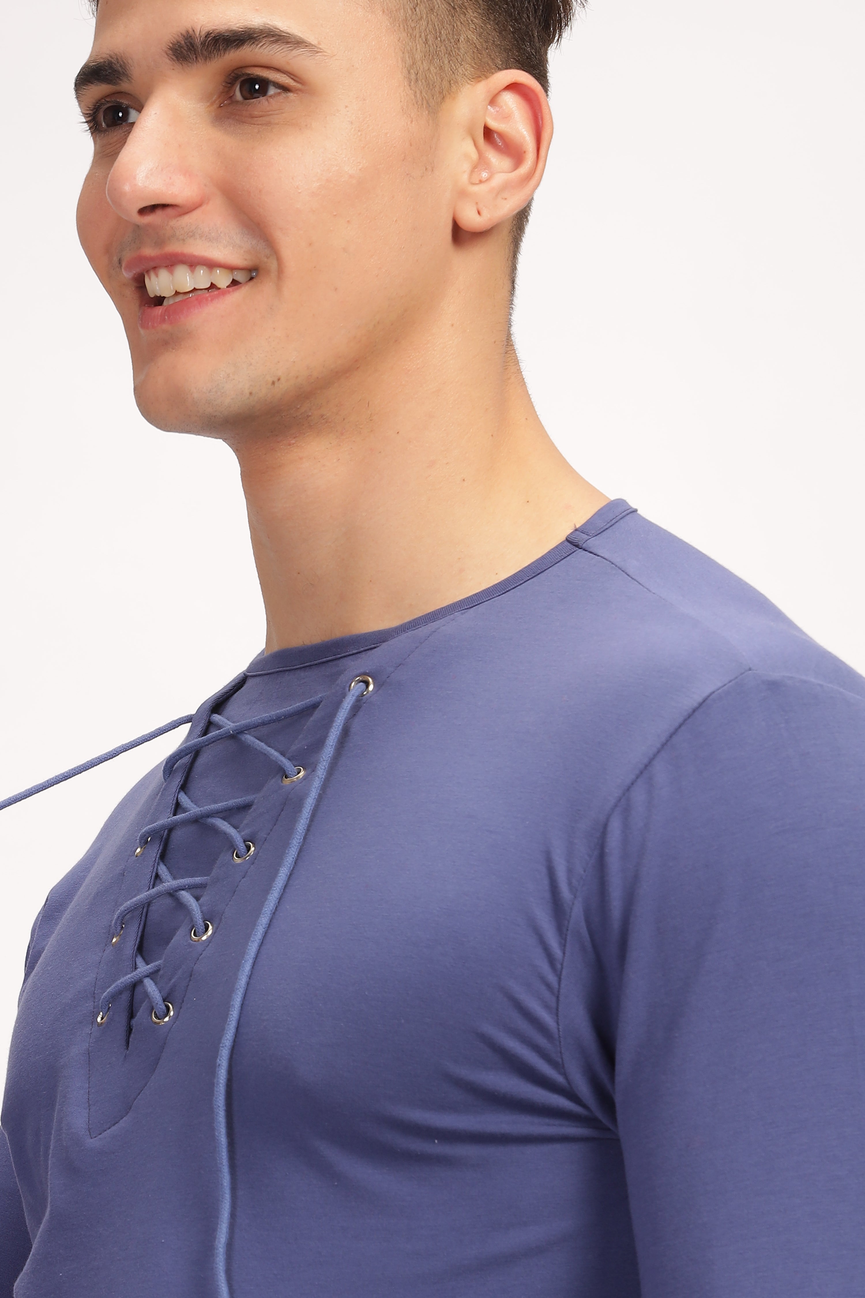 Blue Tie up Neck Solid T-Shirt