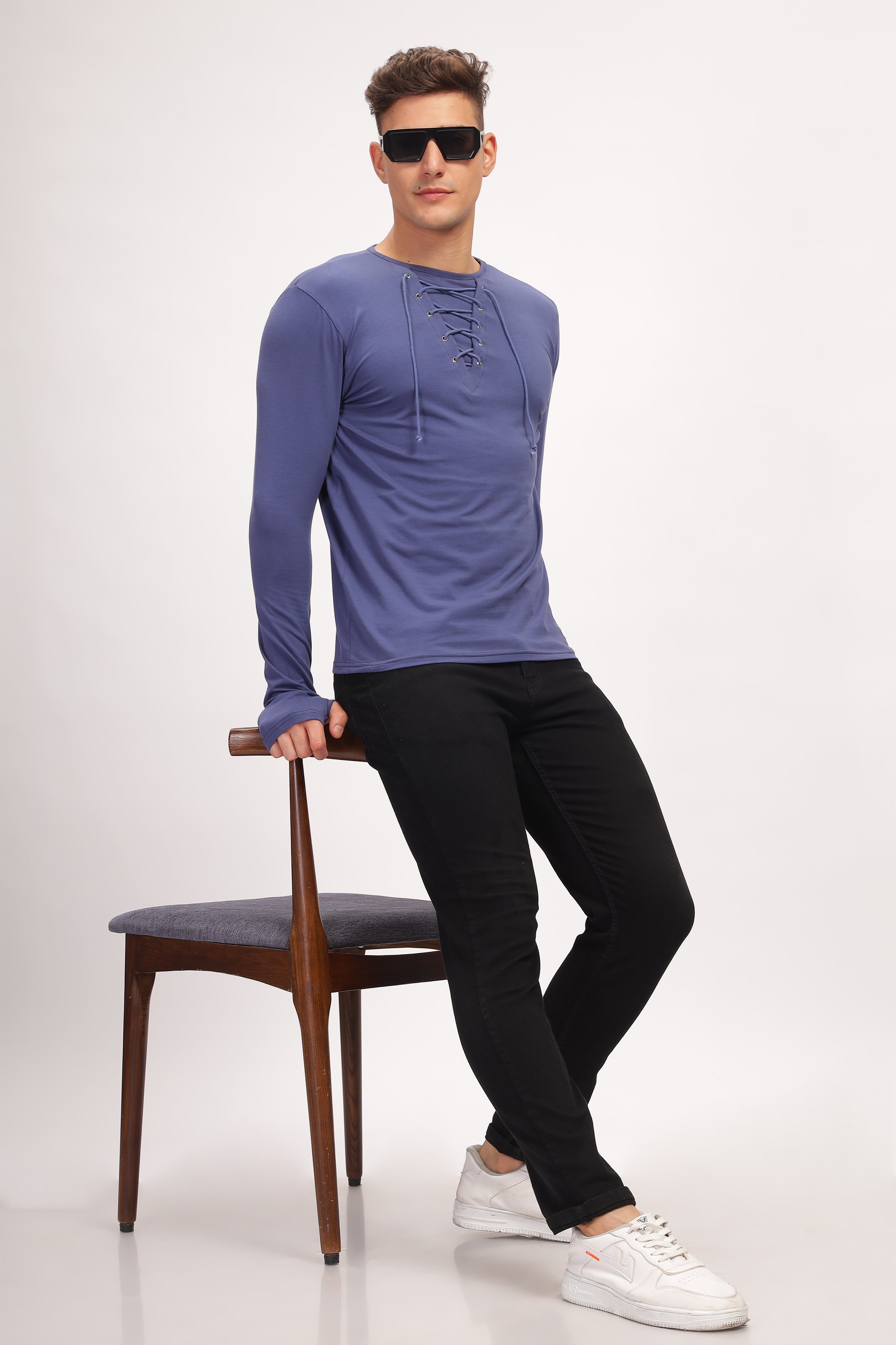 Blue Tie up Neck Solid T-Shirt