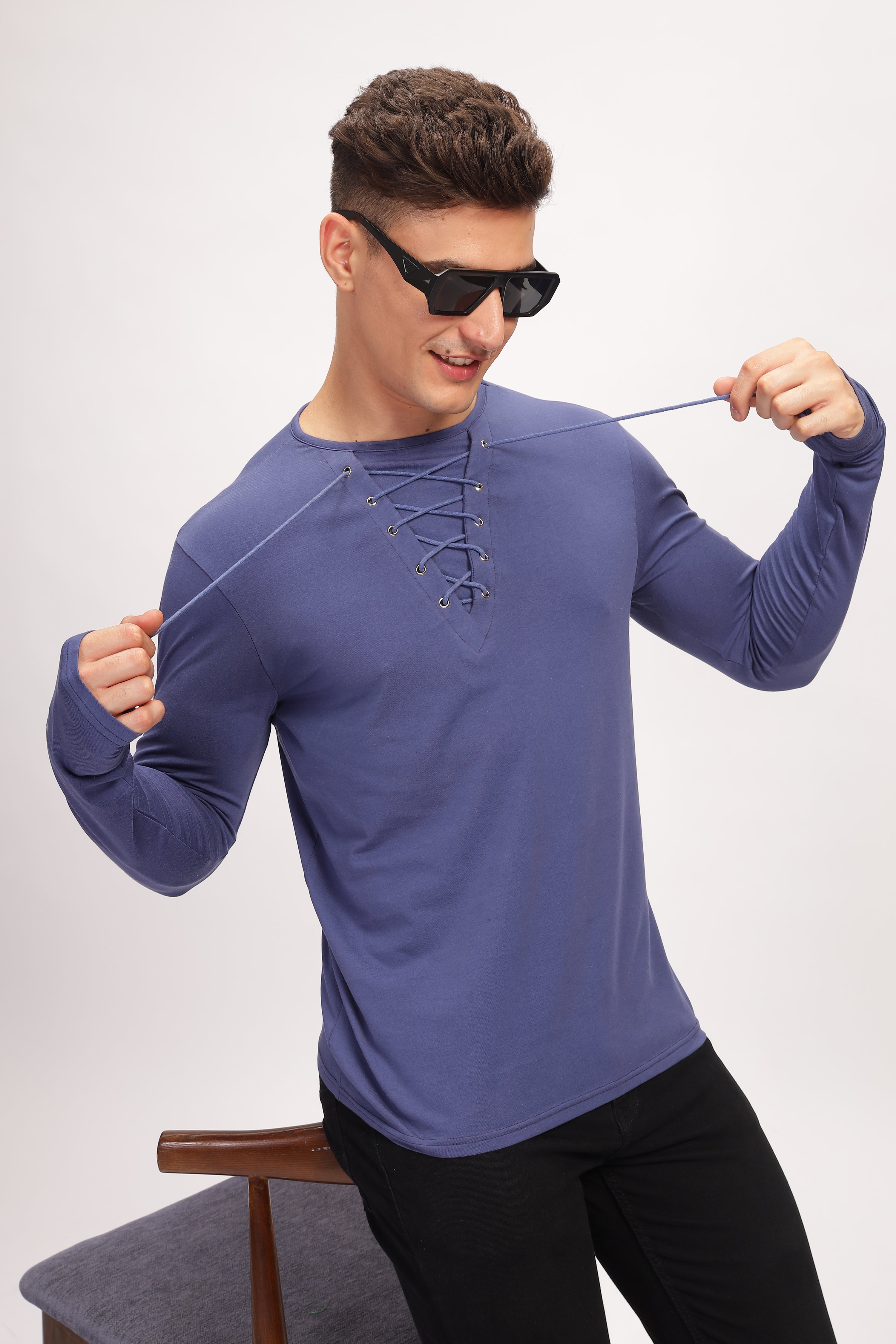 Blue Tie up Neck Solid T-Shirt