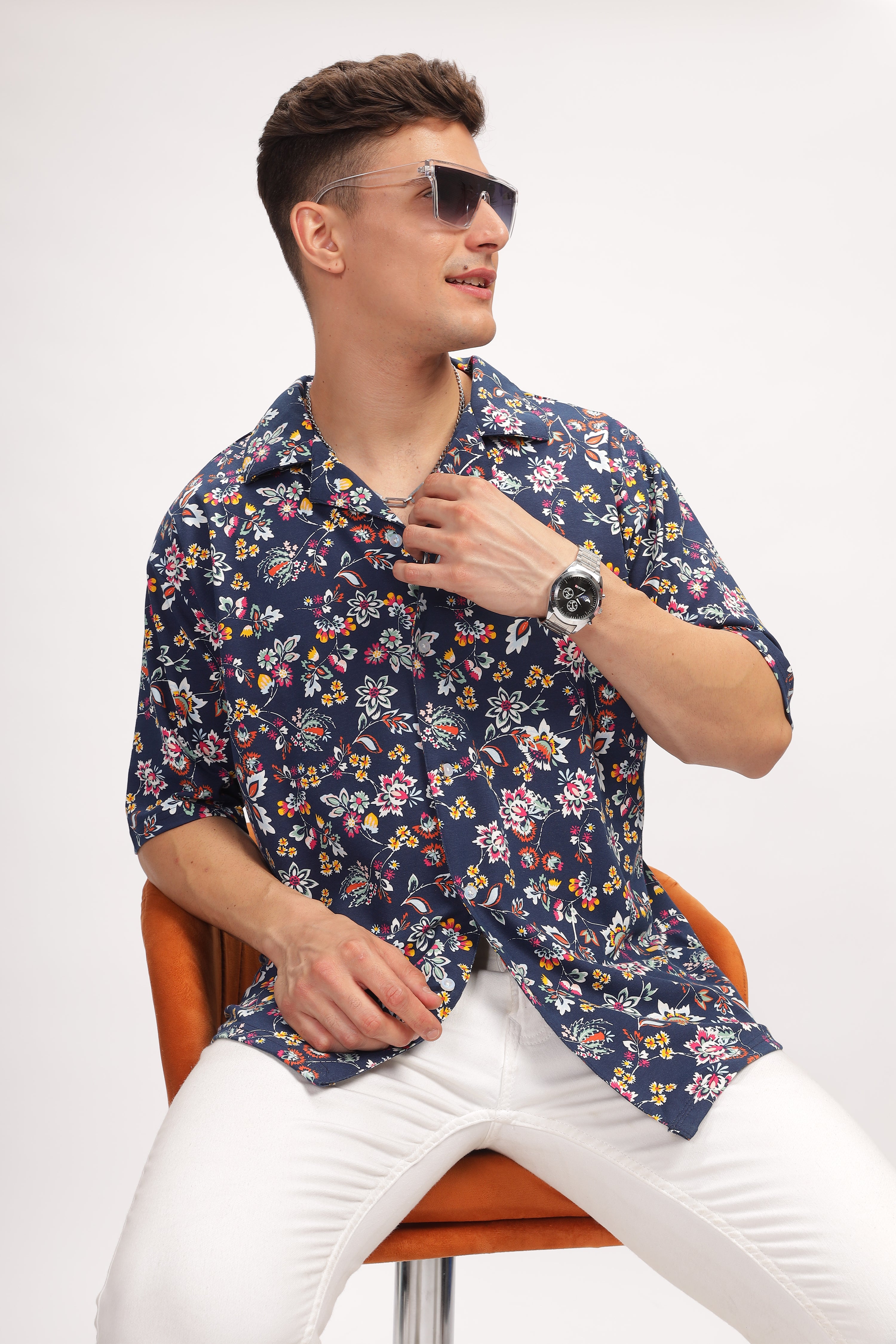 Navy Blue Floral Revere Collar Shirt