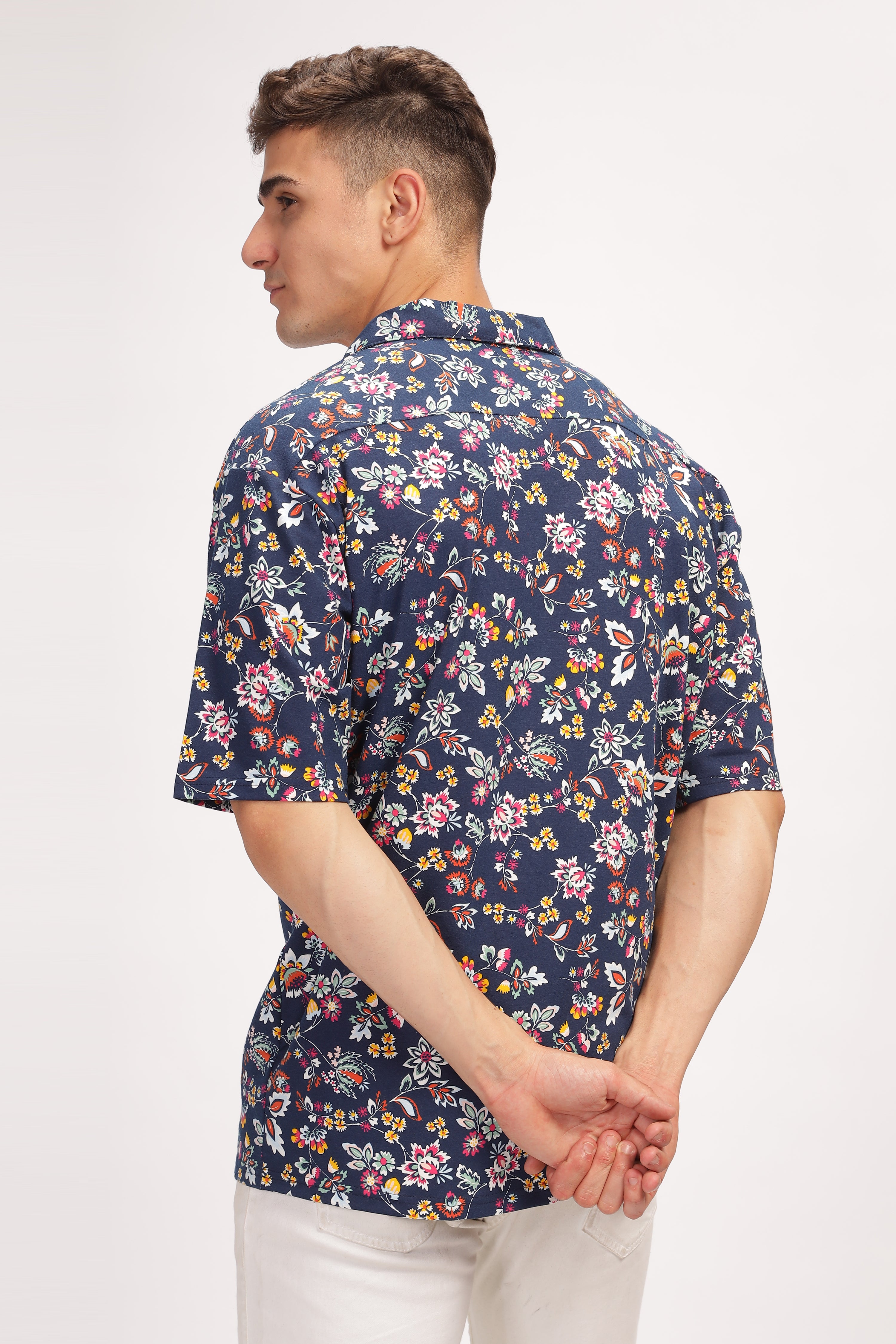 Navy Blue Floral Revere Collar Shirt