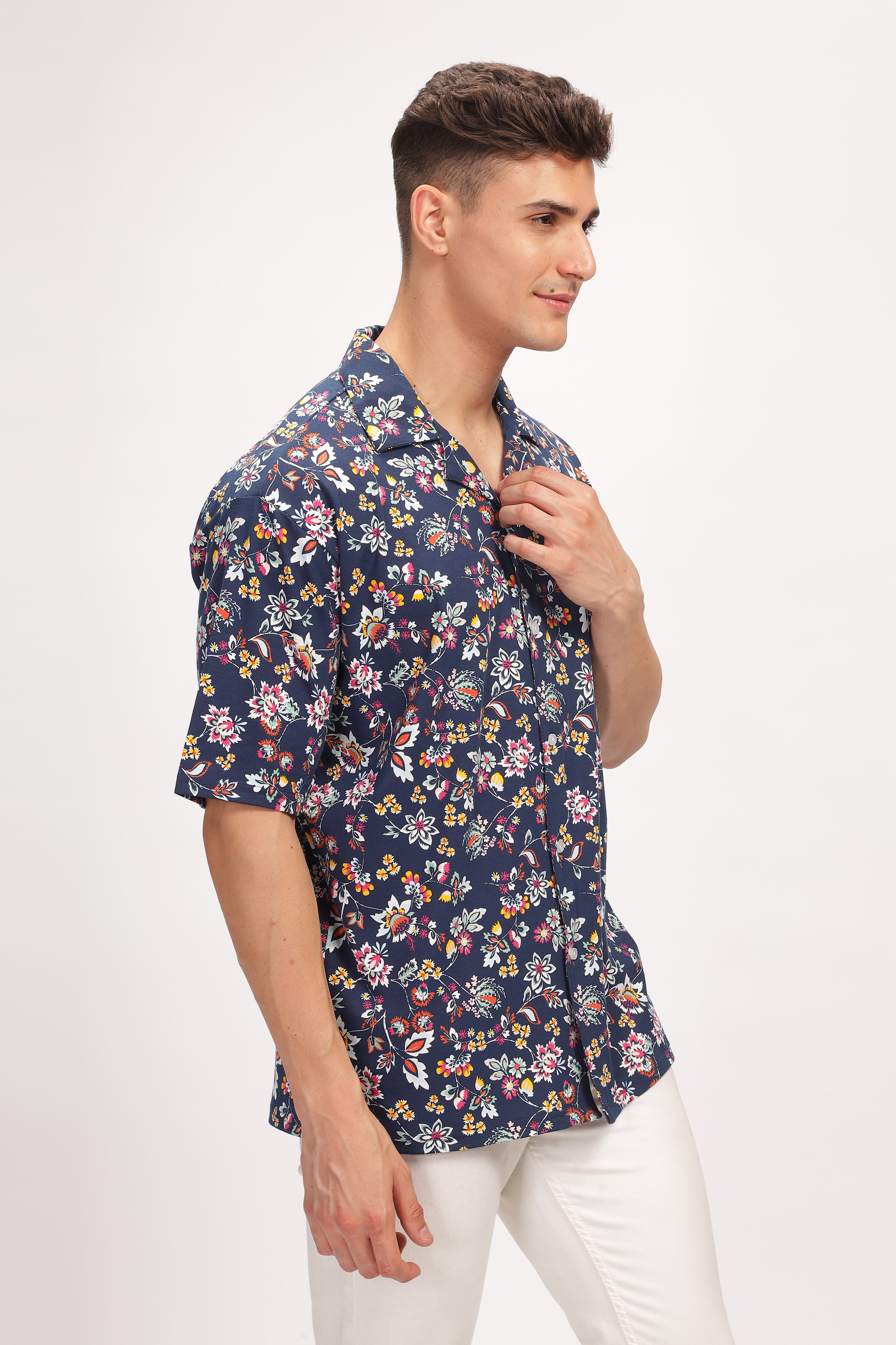 Navy Blue Floral Revere Collar Shirt