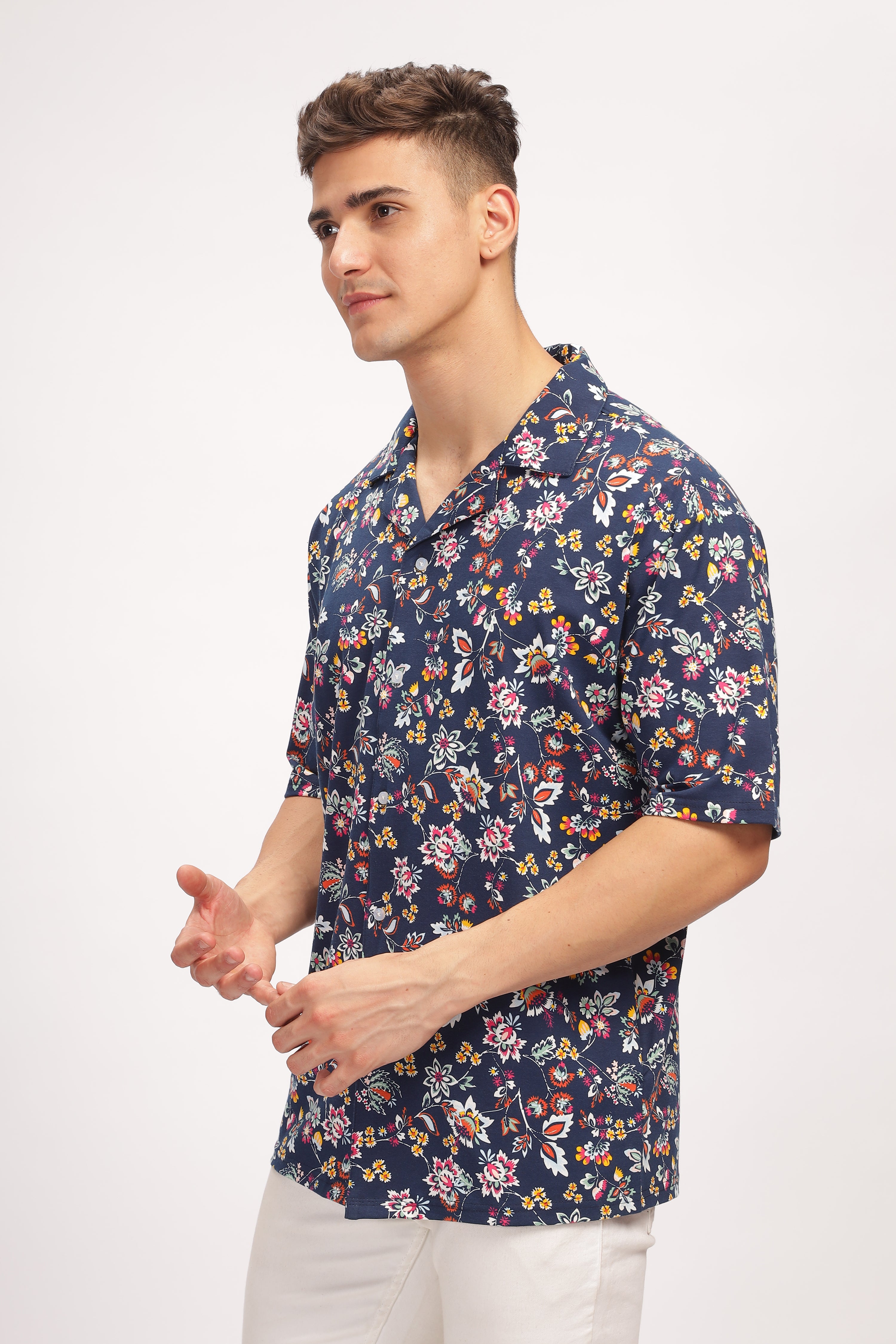 Navy Blue Floral Revere Collar Shirt