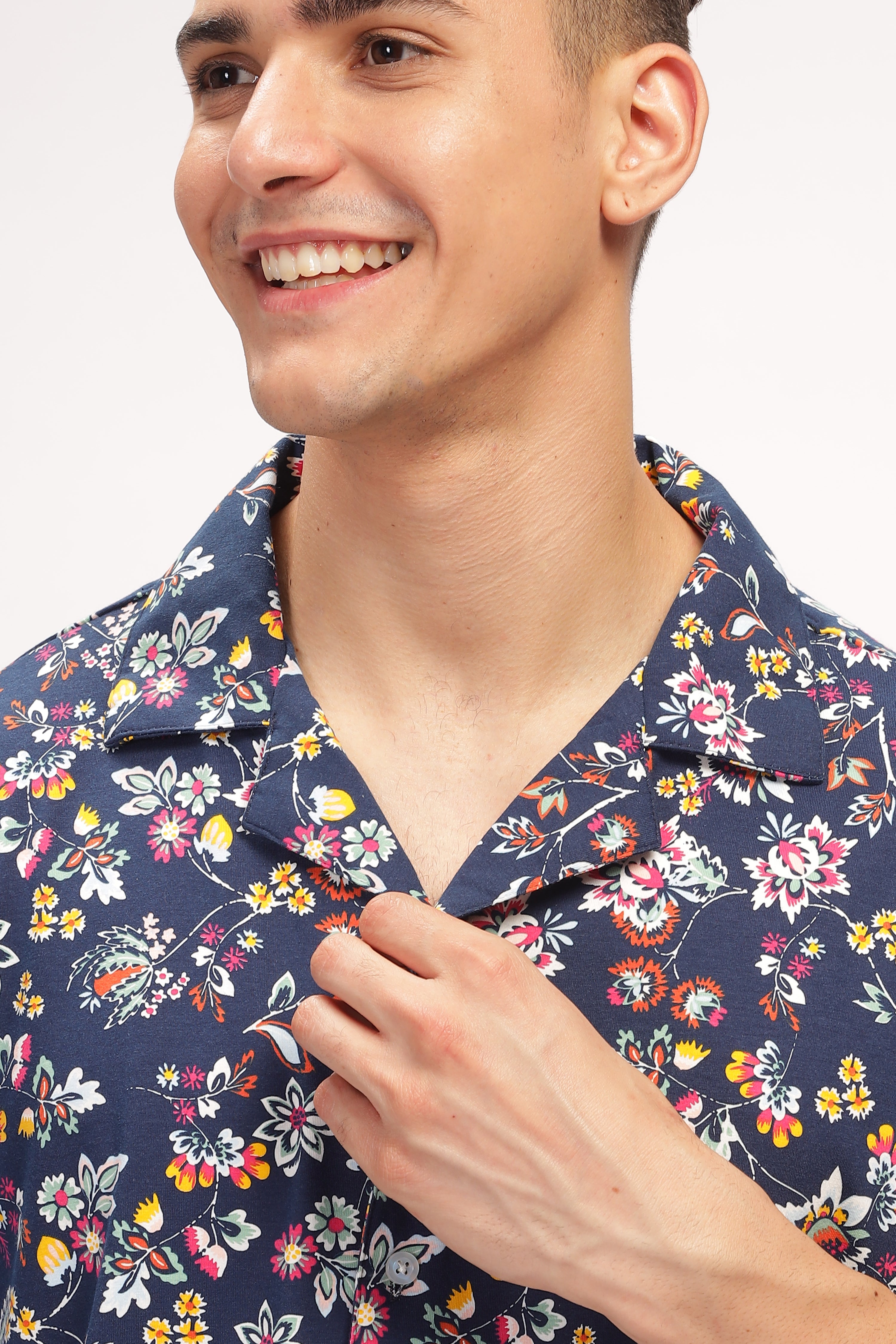 Navy Blue Floral Revere Collar Shirt