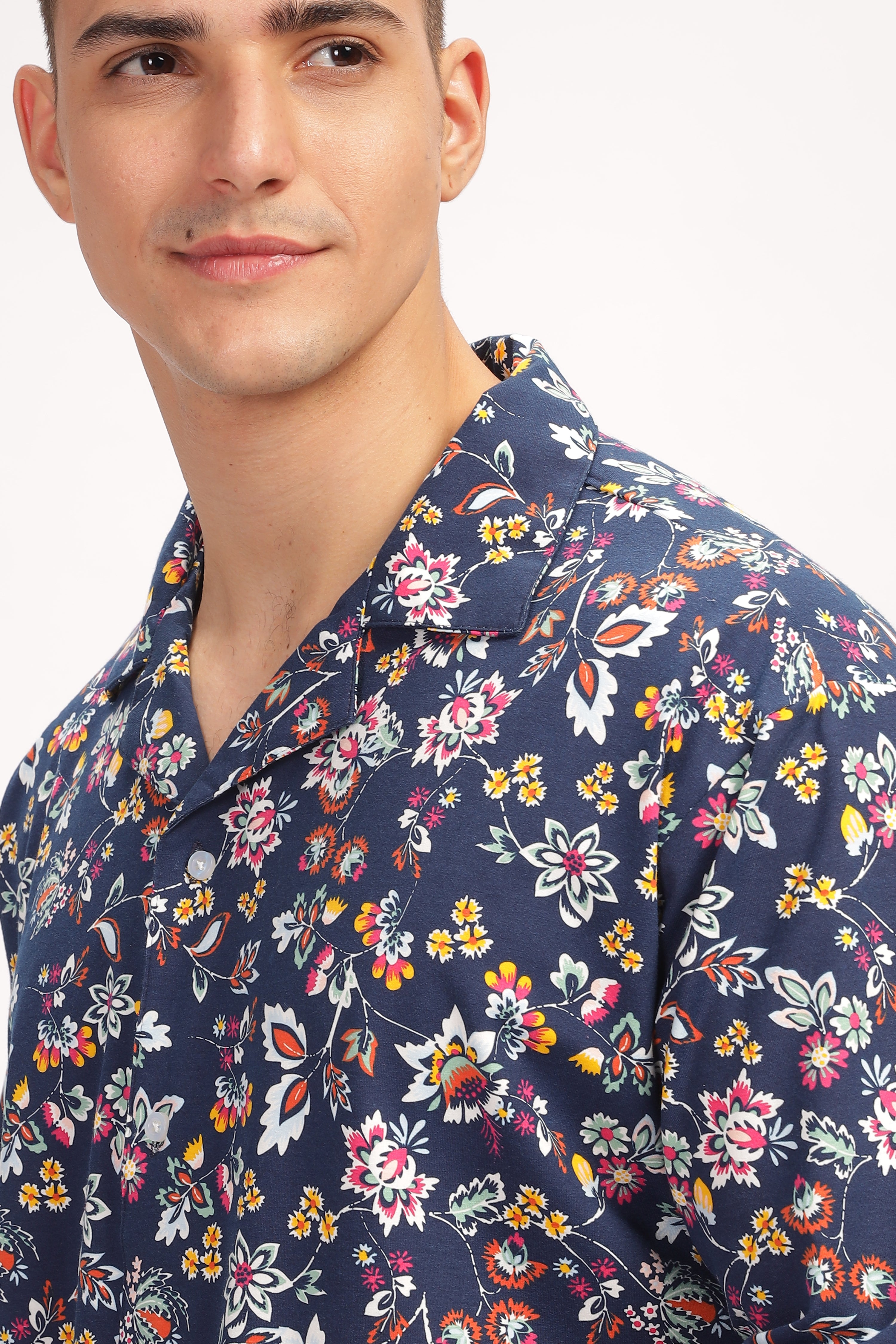 Navy Blue Floral Revere Collar Shirt