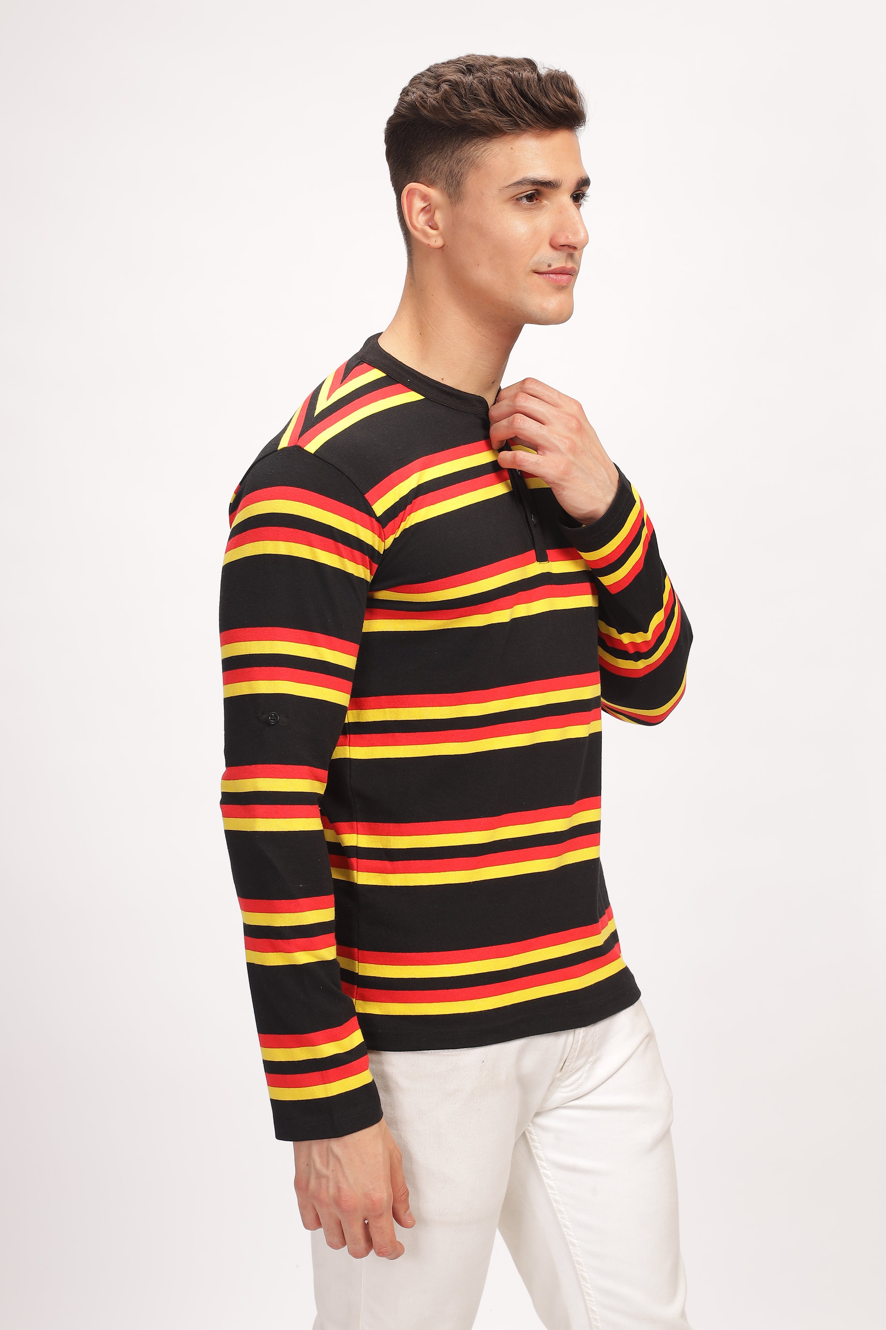 Red Black Color Blocked Henley Neck T-Shirt