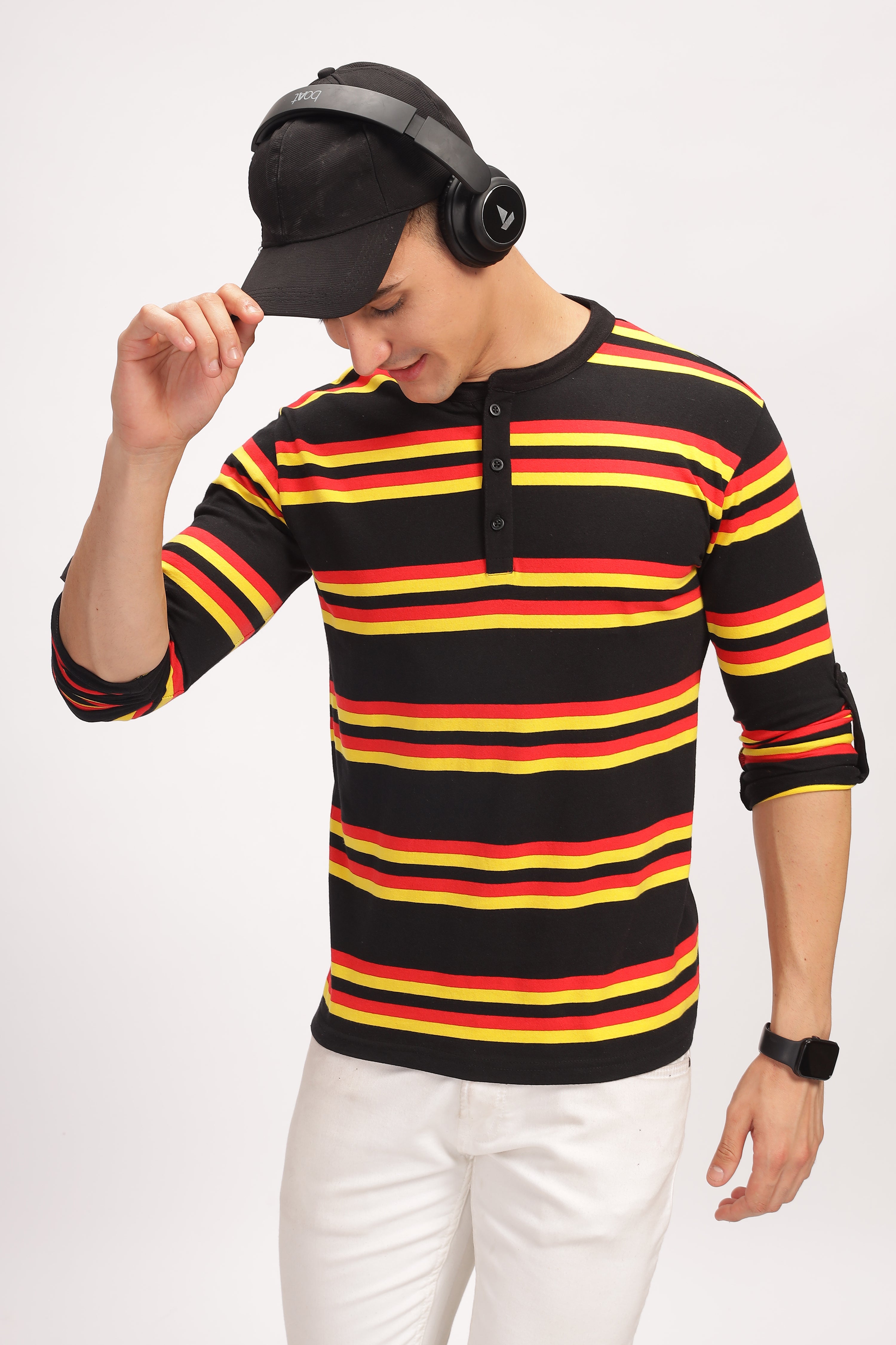 Red Black Color Blocked Henley Neck T-Shirt