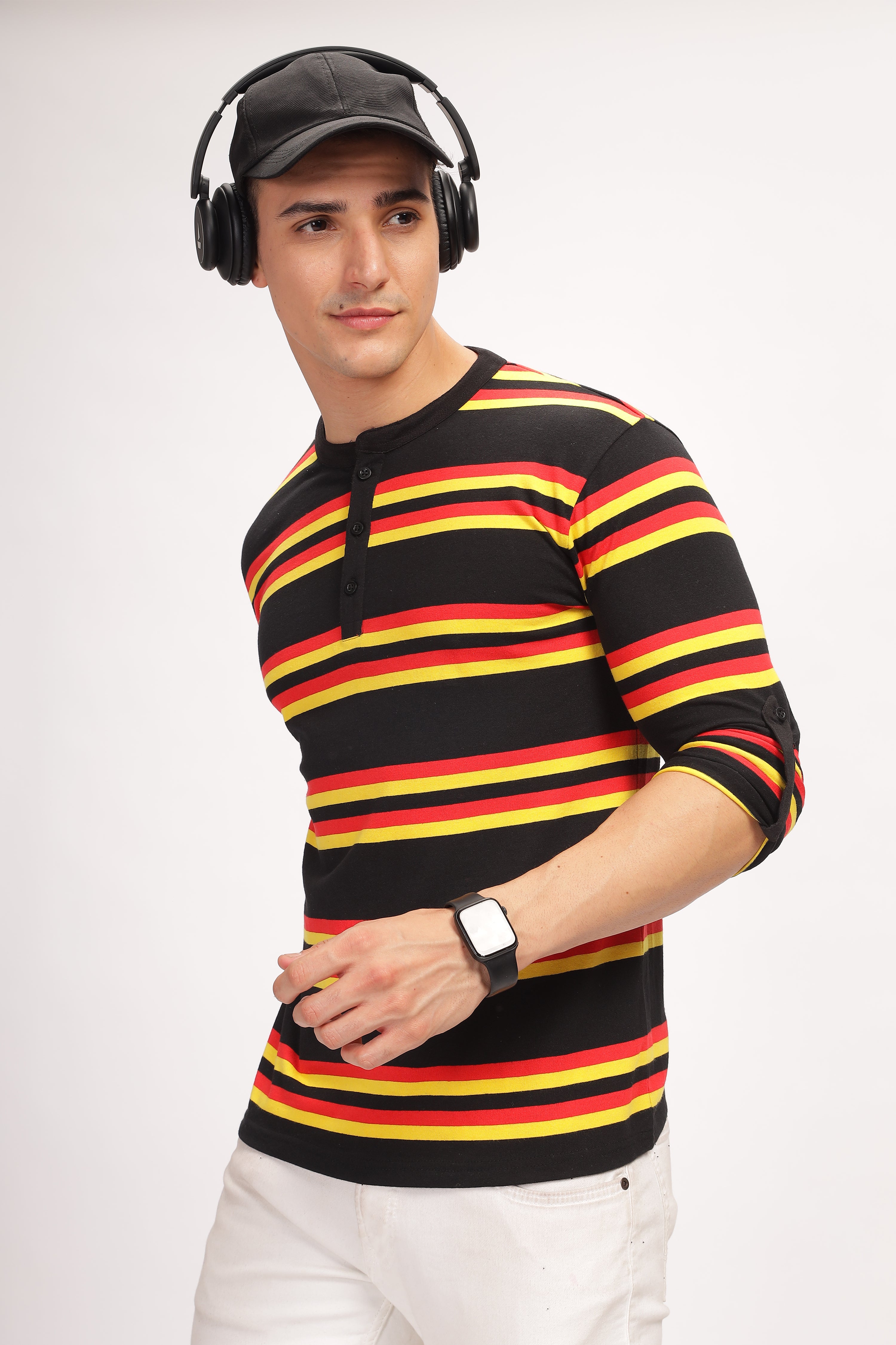 Red Black Color Blocked Henley Neck T-Shirt