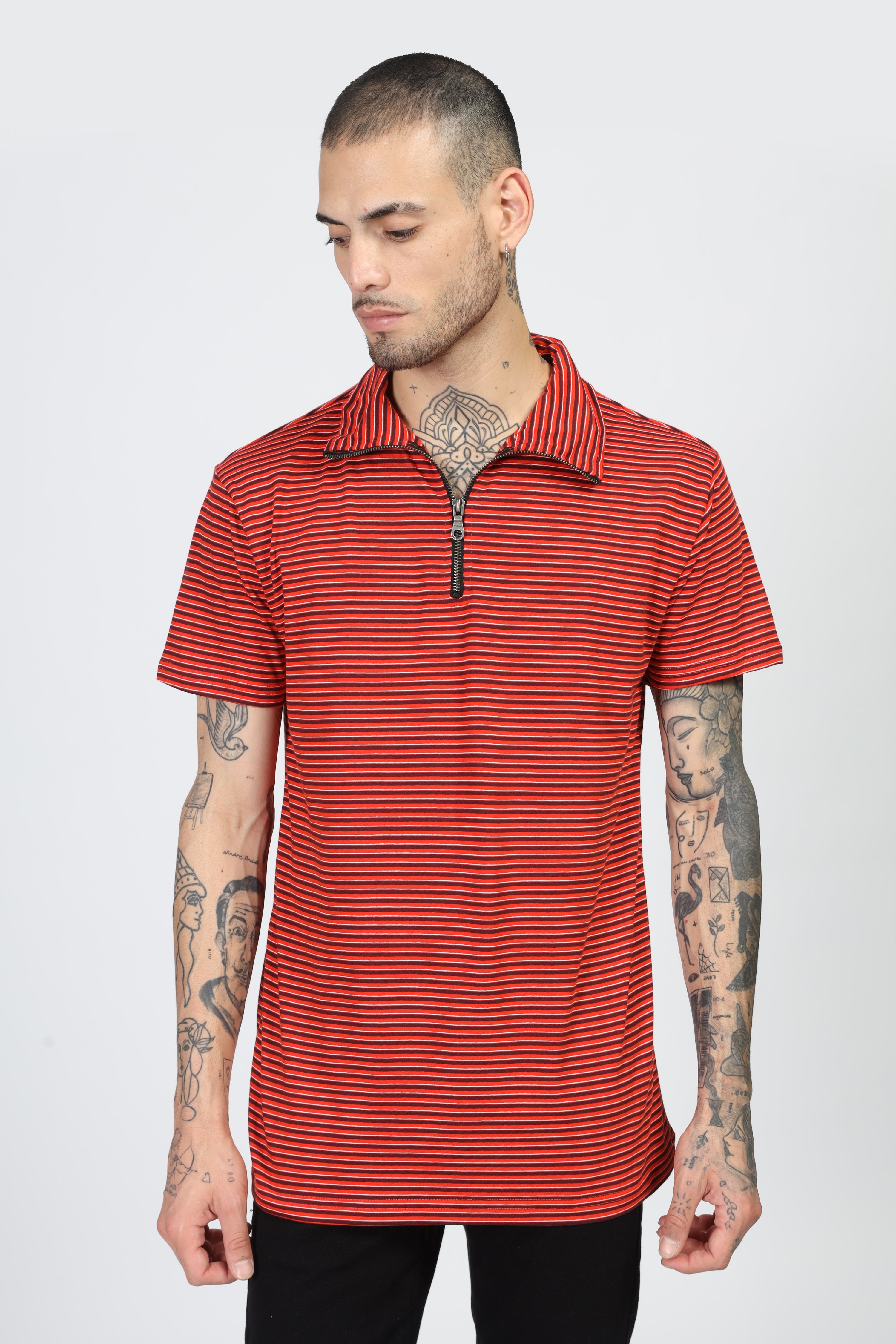 Red Horizontal Stripe Zipper T-Shirt