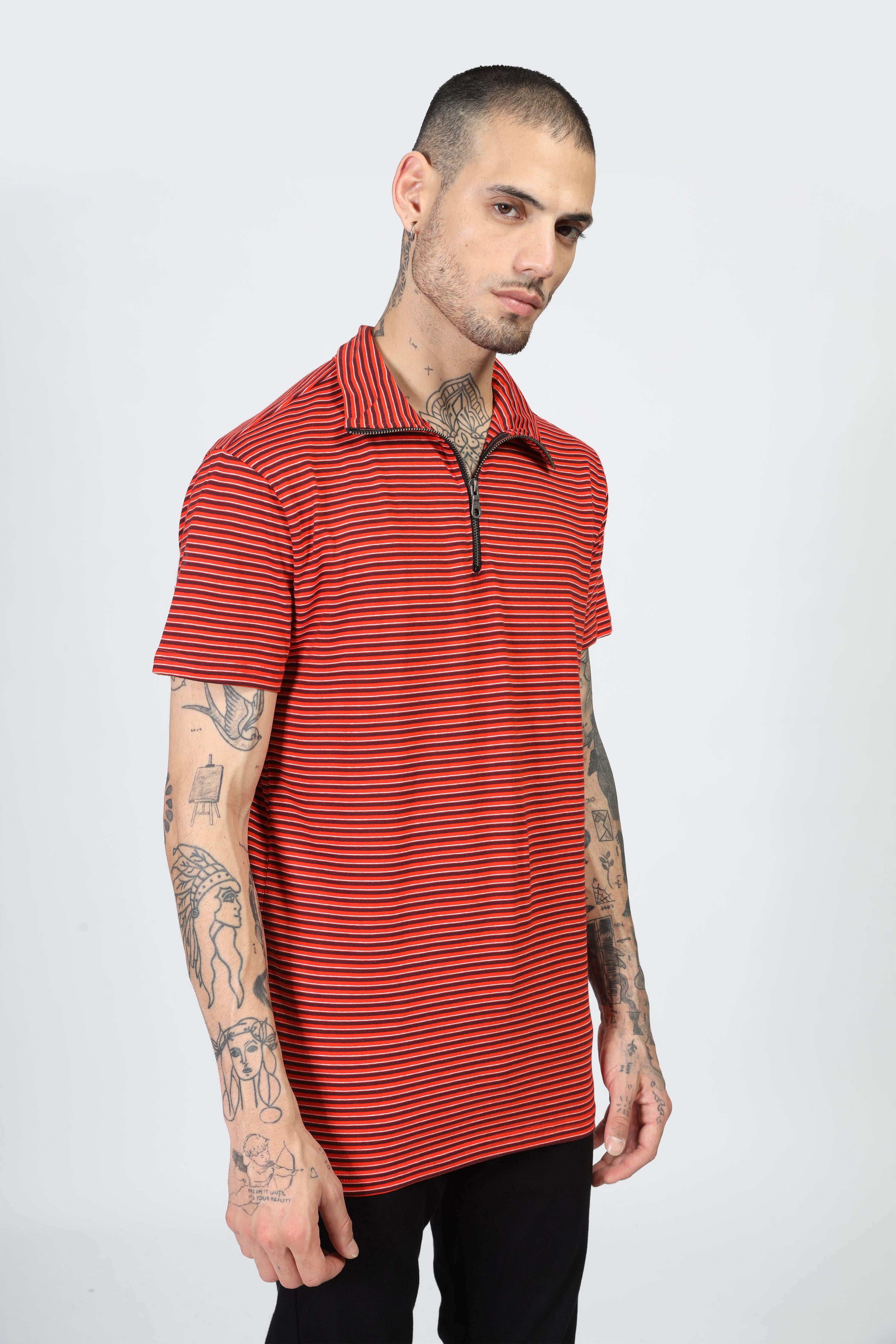 Red Horizontal Stripe Zipper T-Shirt