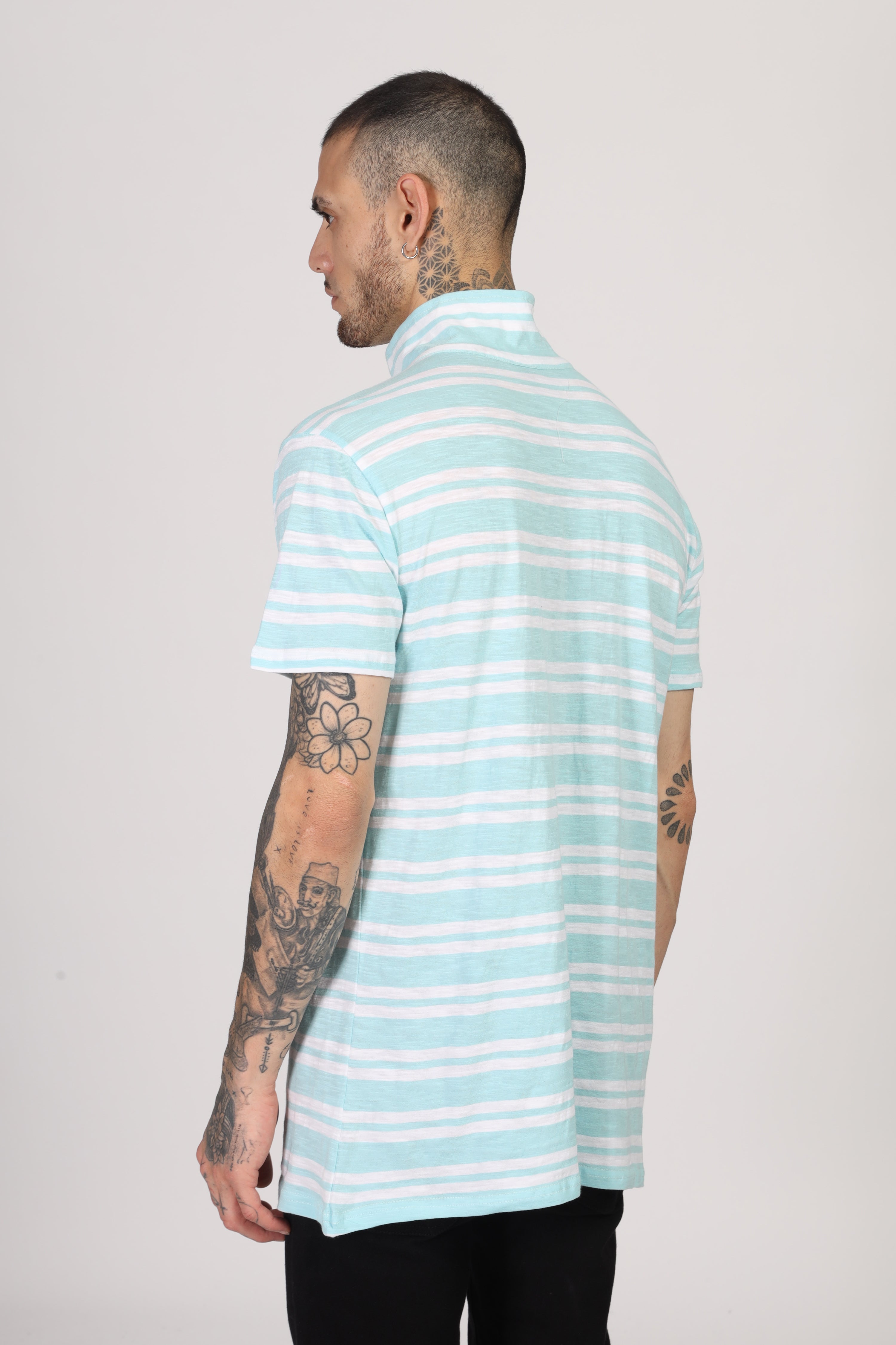 Turquoise Blue Striper Zipper T-Shirt