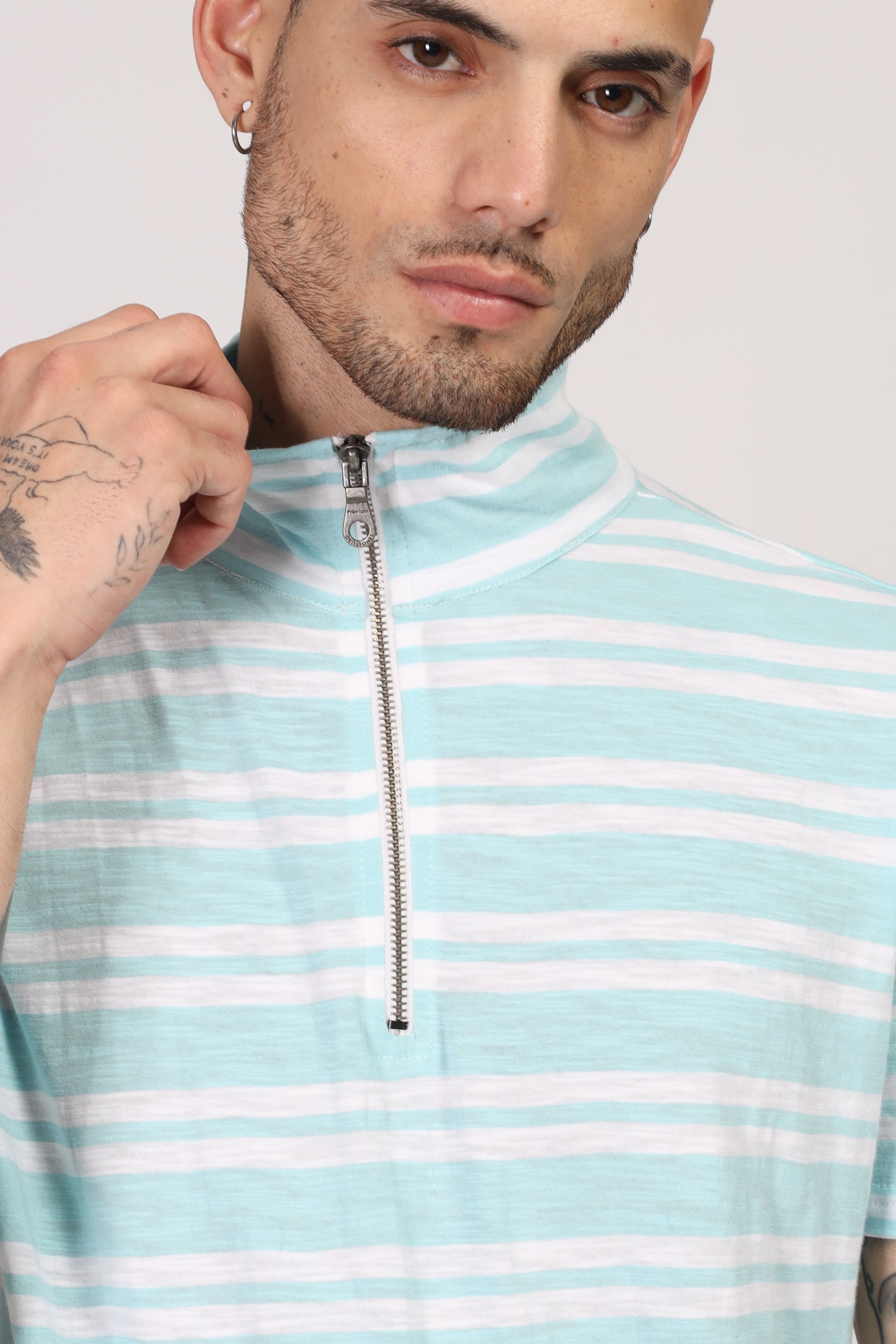 Turquoise Blue Striper Zipper T-Shirt