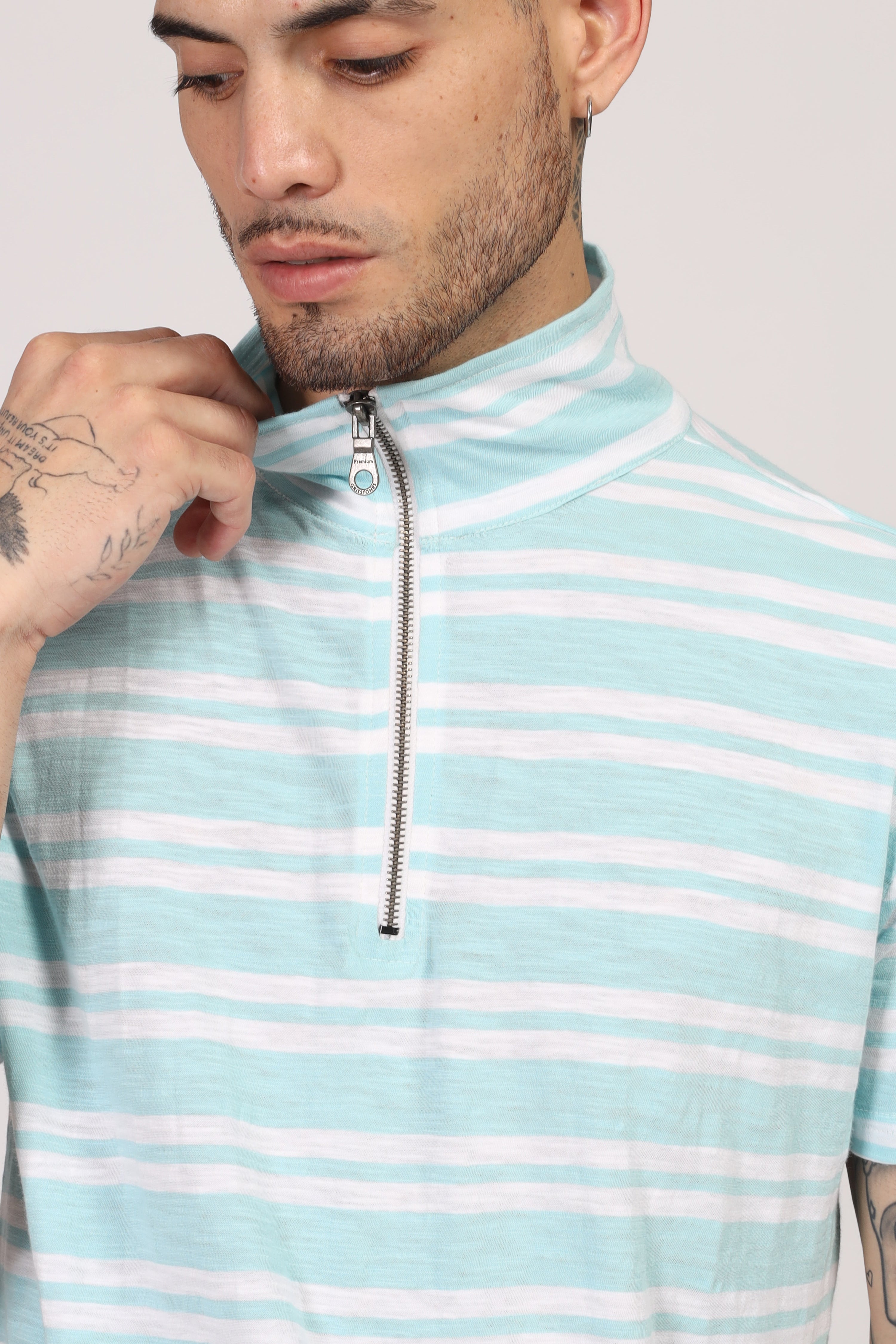 Turquoise Blue Striper Zipper T-Shirt