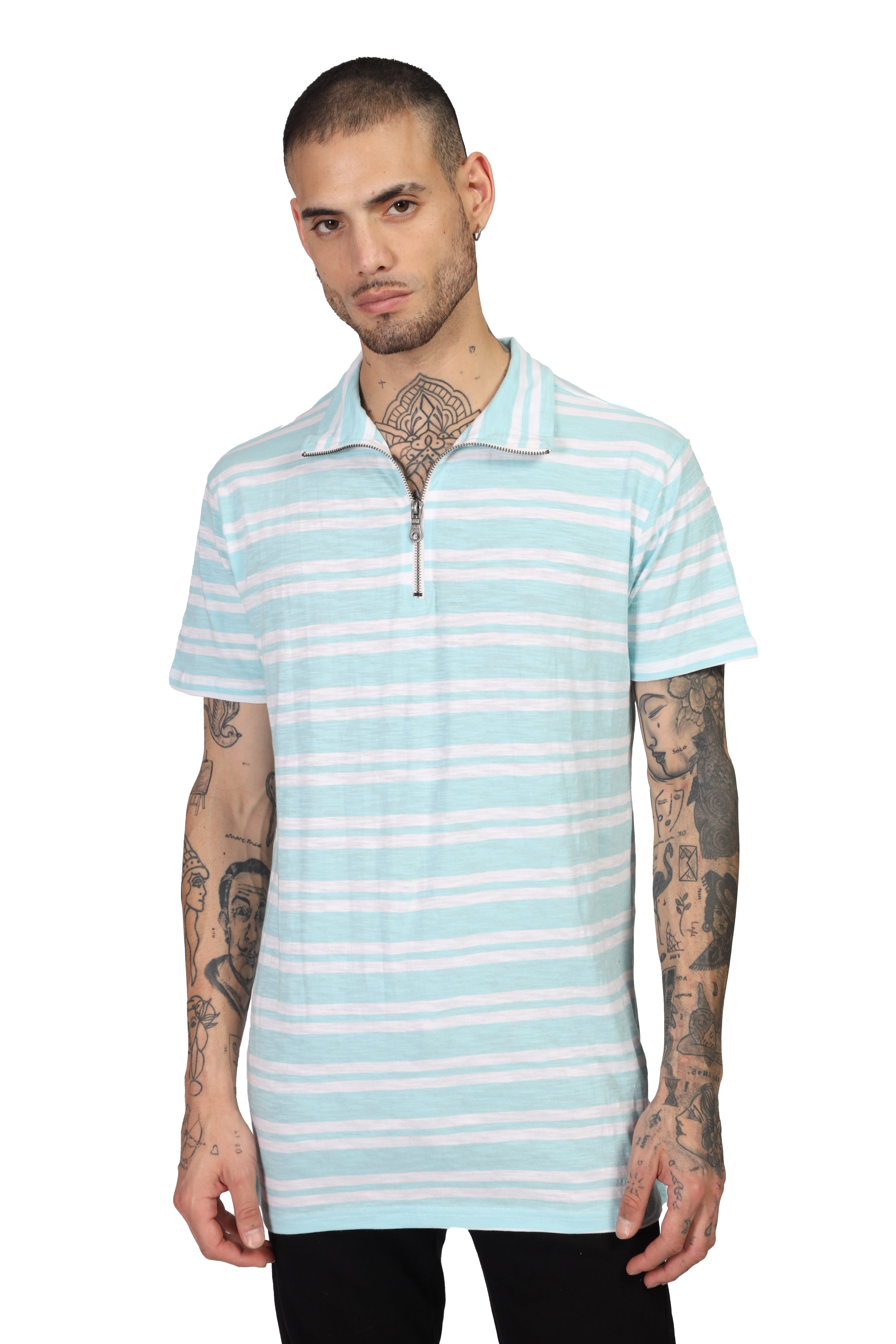 Turquoise Blue Striper Zipper T-Shirt