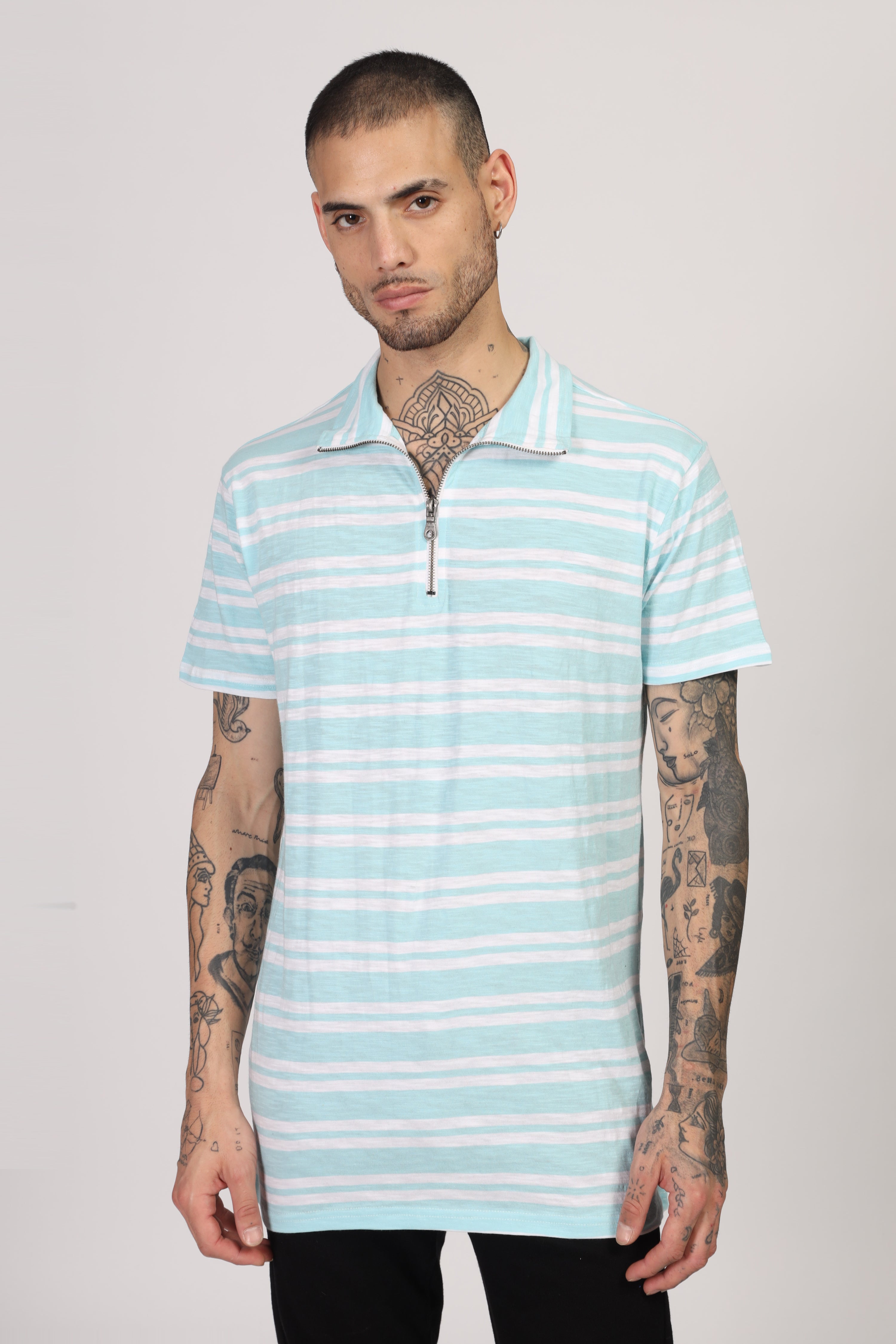 Turquoise Blue Striper Zipper T-Shirt