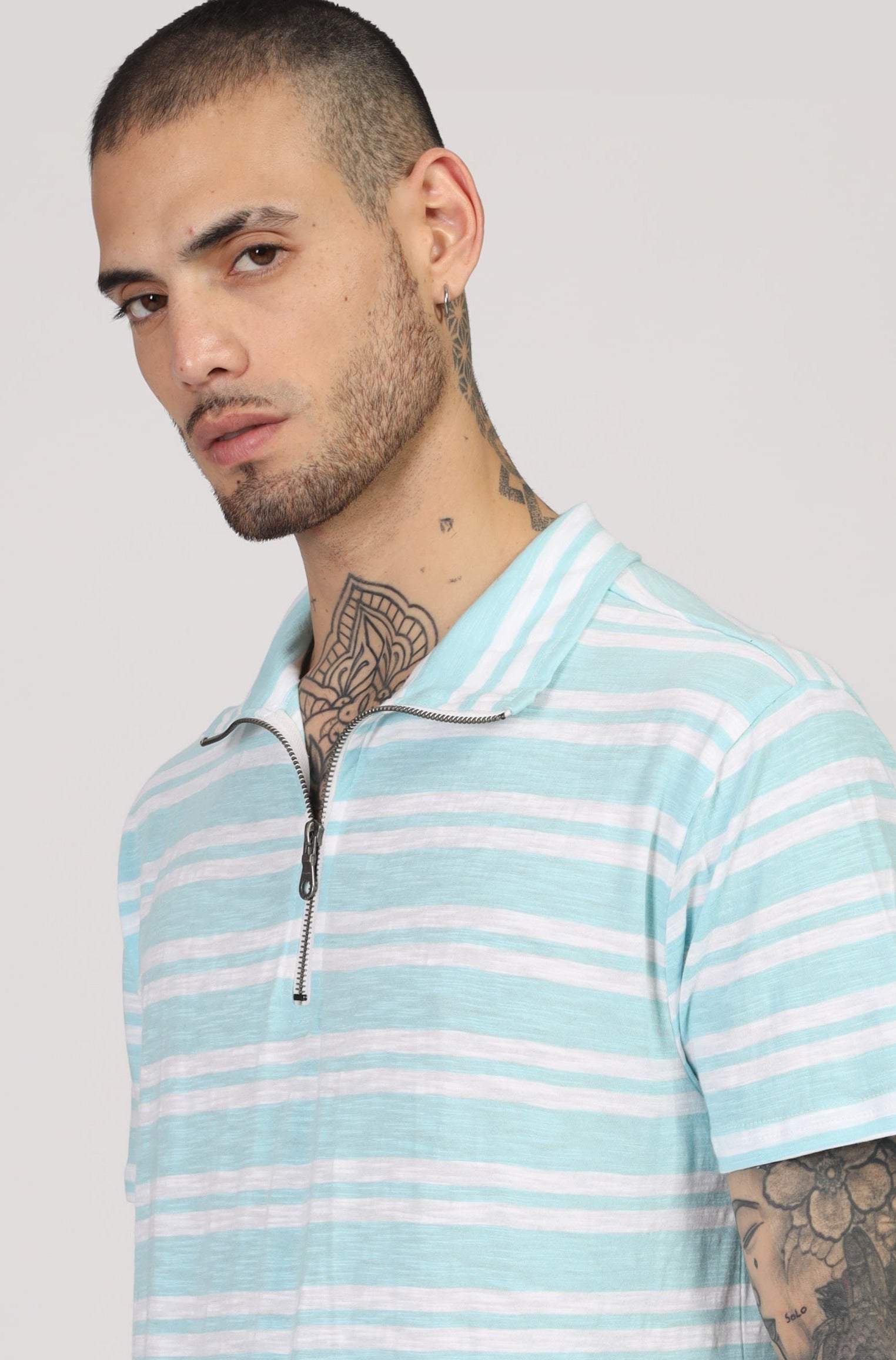 Turquoise Blue Striper Zipper T-Shirt