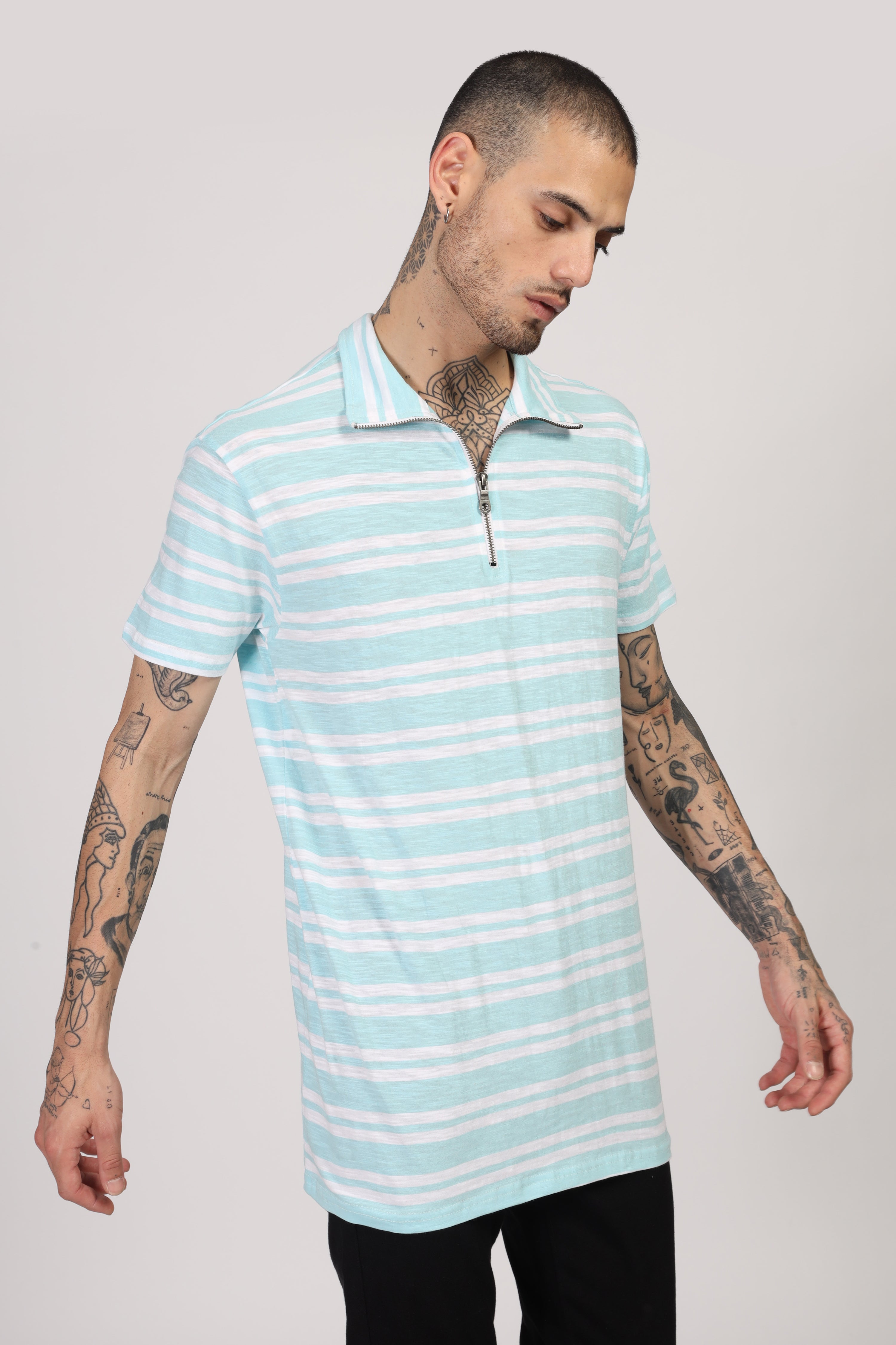 Turquoise Blue Striper Zipper T-Shirt