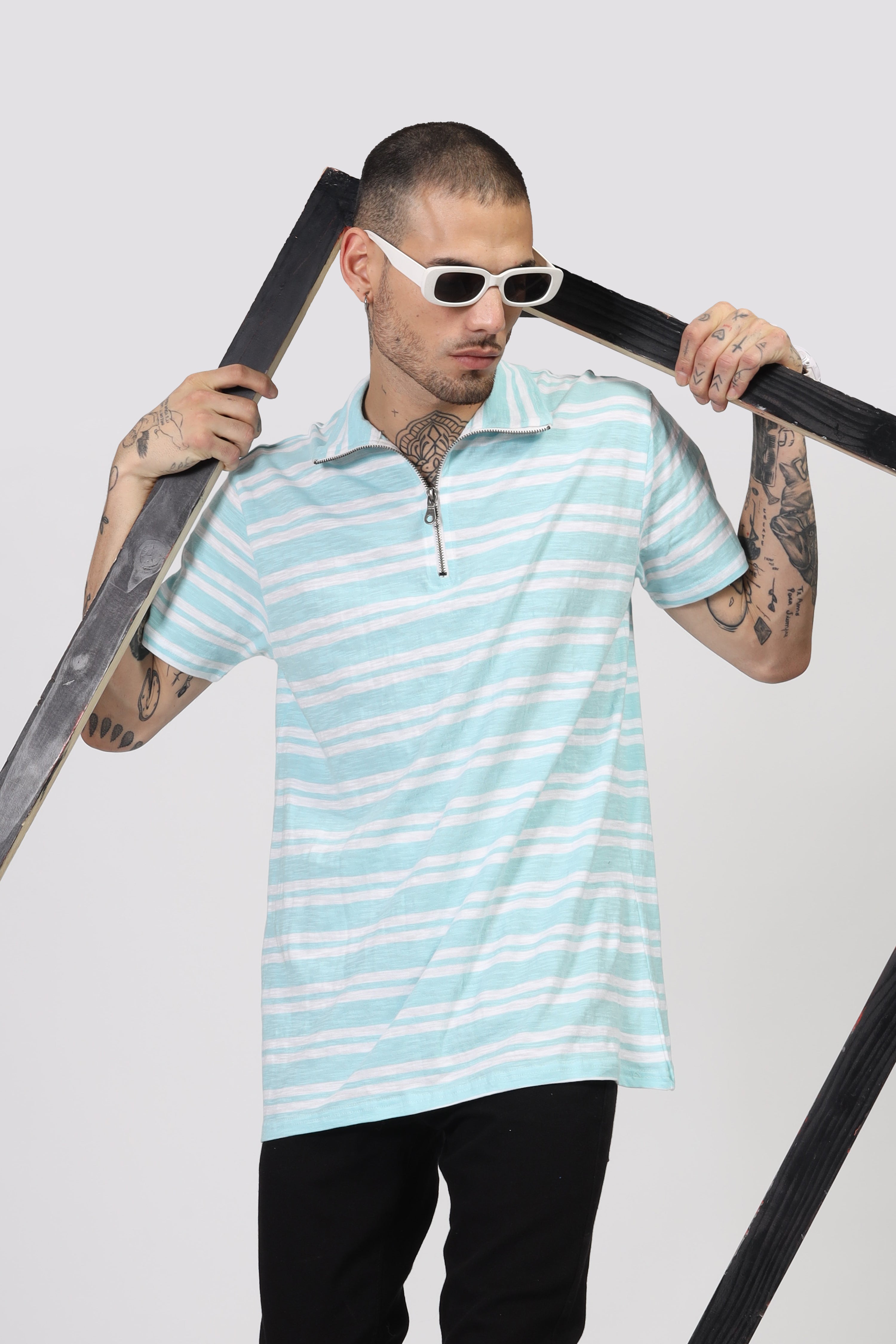 Turquoise Blue Striper Zipper T-Shirt