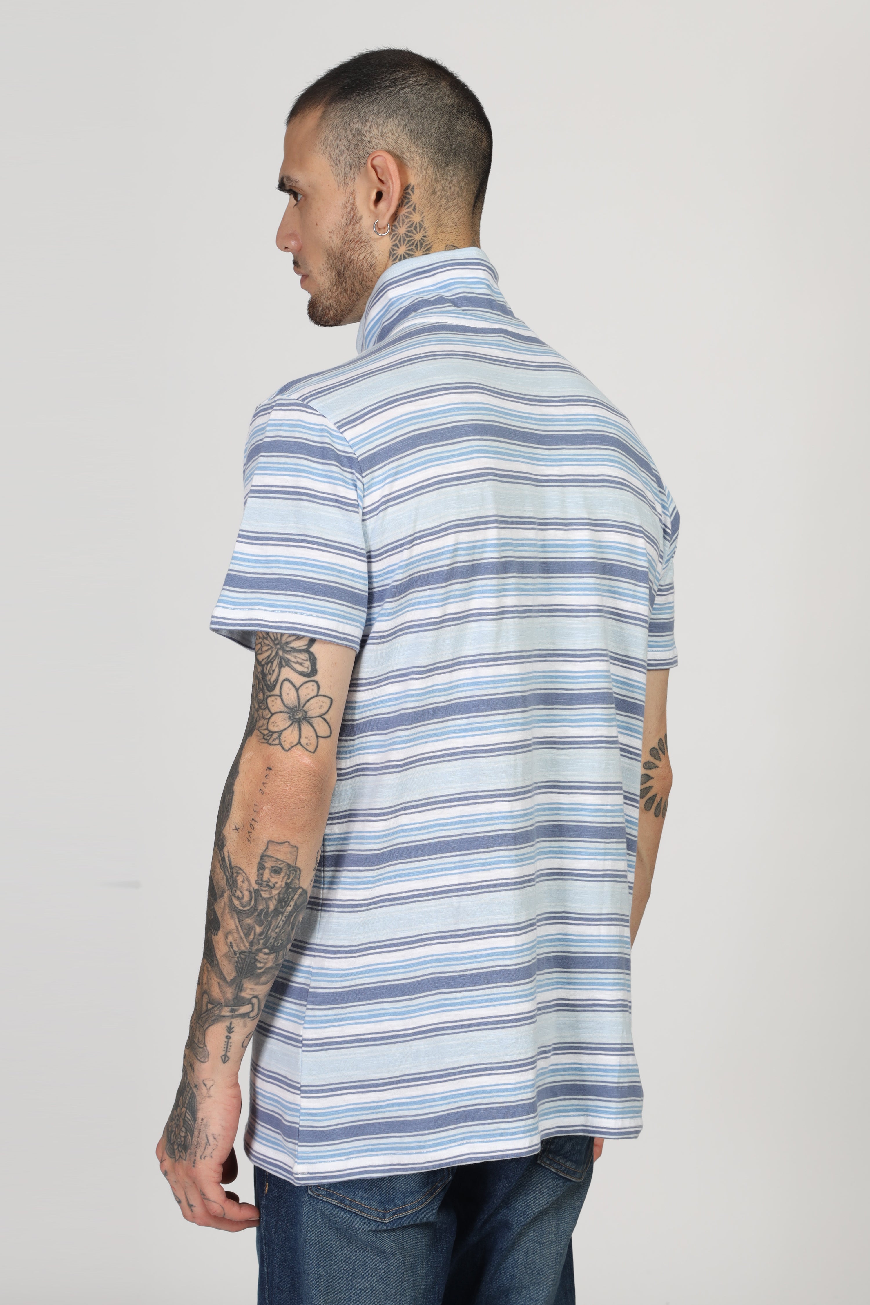 Navy White Stripe Zipper T-Shirt